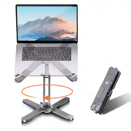 HongFei - Laptop Stand with 360 Rotating Base, Computer Notebook Riser Metal Holder for Desk, Fully Foldable, Fits Laptops - Gray