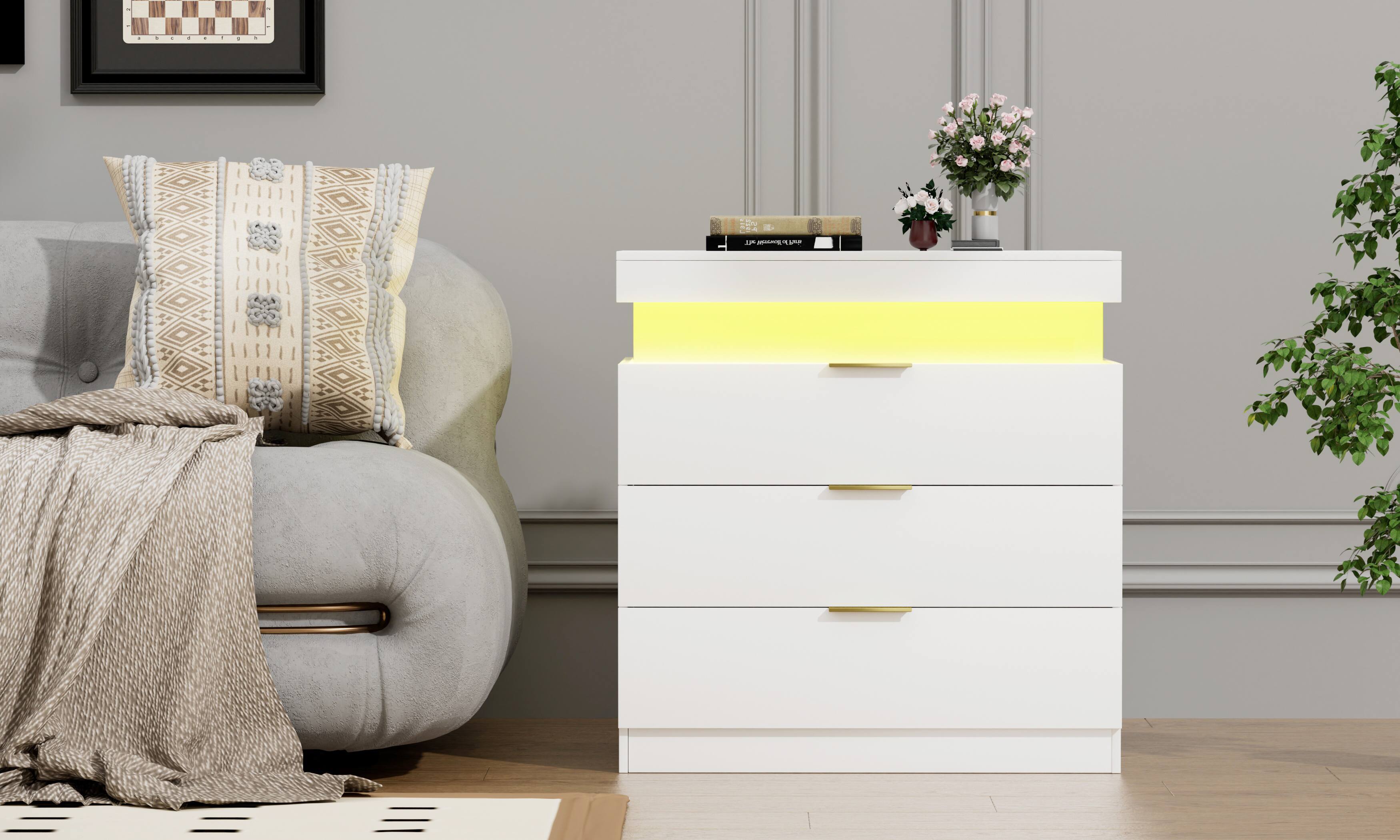 Alt View 3. Tiramisubest - Modern Nightstand with 3 Drawers,Charging Station and LED Lights,Night Stand with Sliding Top for Bedroom,White - White.