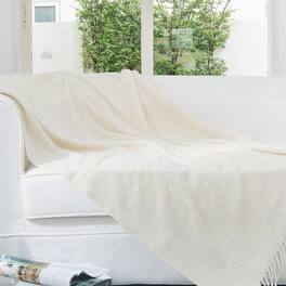 Cheer Collection - Ultra Soft Knit Throw Blanket with Fringe Edges Lightweight and Cozy 50 x 60 Inches - Ivory