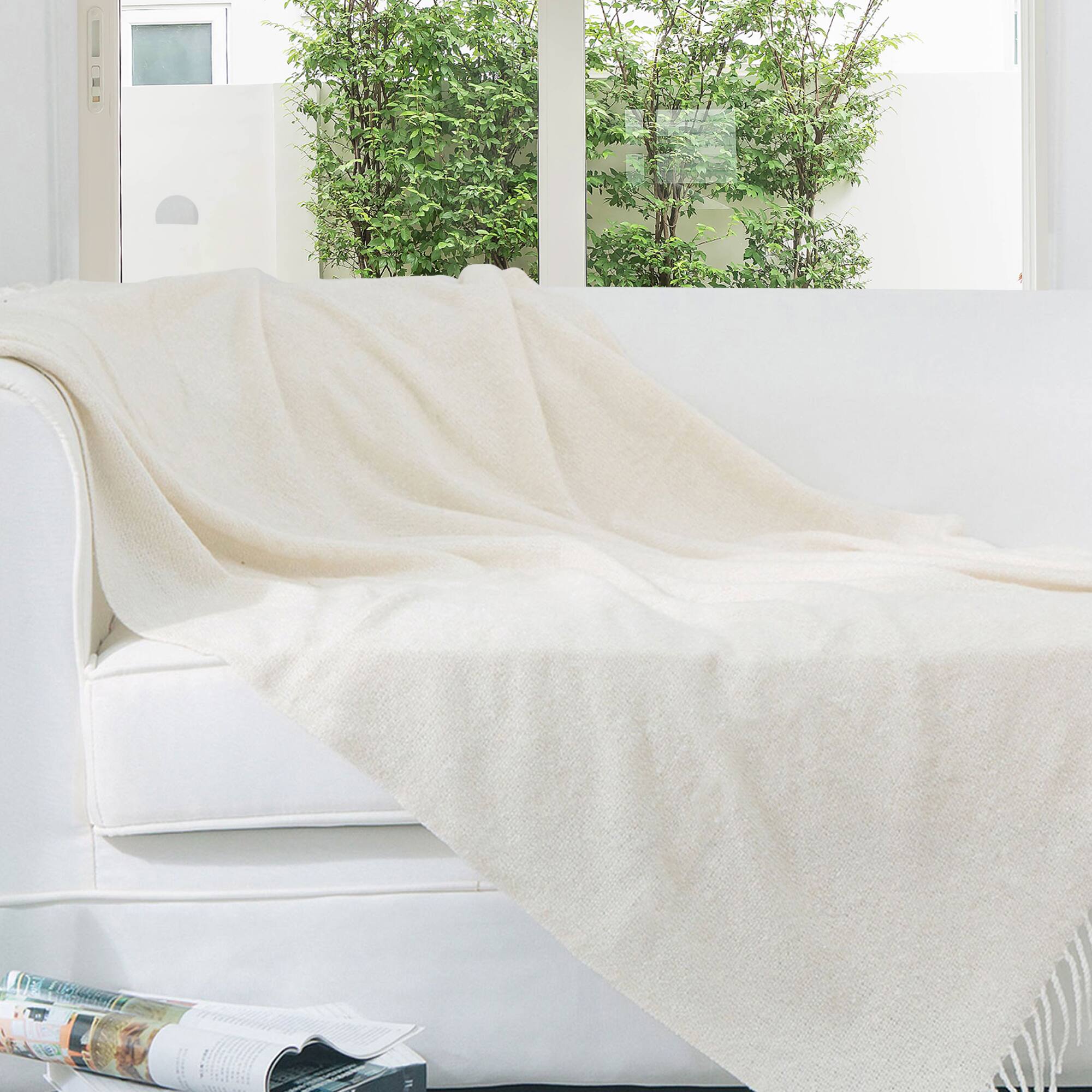 Front. Cheer Collection - Cheer Collection Ultra Soft Knit Throw Blanket with Fringe Edges Lightweight and Cozy 50 x 60 Inches - Ivory.