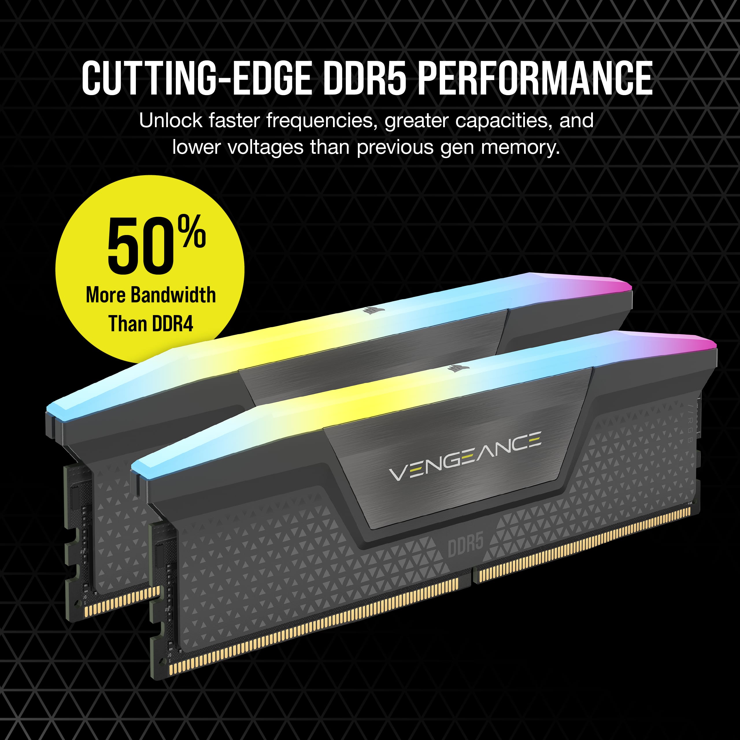CUTTING-EDGE DDR5 PERFORMANCE: Unlock faster frequencies, greater capacities, and lower voltages than previous gen memory. 50% More Bandwidth Than DDR4 VENGEANCE DDR5