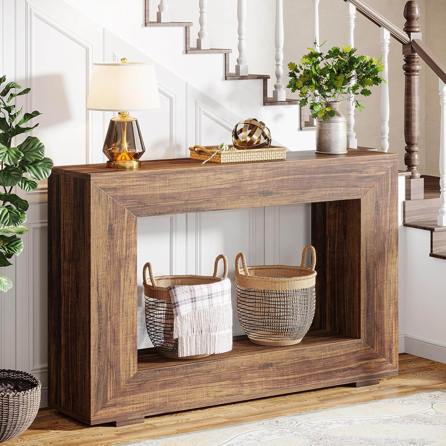 Back. Tribesigns - Farmhouse Console Table with Engineered Wood Construction and Wood Grain Finish for Entryway - Brown.