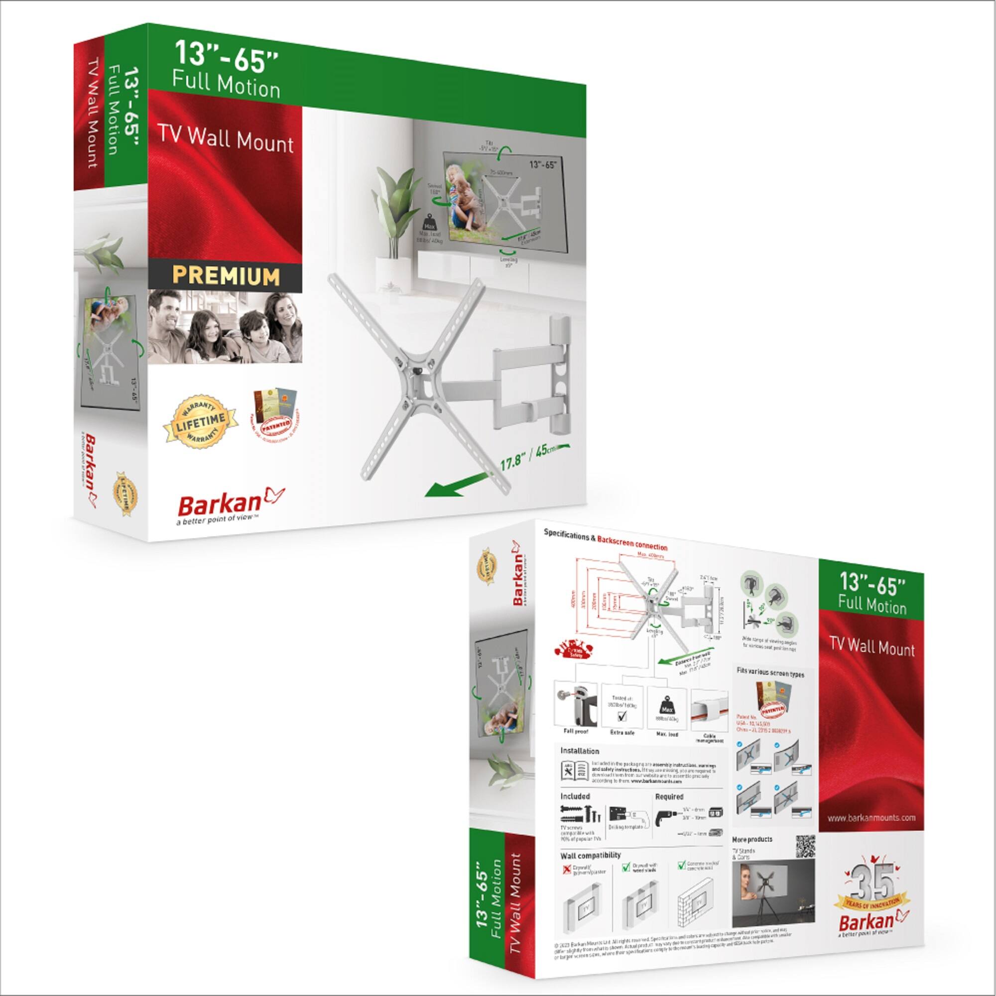 TV Wall Mount 13"-65" Full Motion TV Wall Mount - PREMIUM Barkan - LIFETIME WARRANTY - 13"-65" Full Motion TV Wall Mount - RUTA - Installation - Included - Required - Wall Compatibility - www.barkamounts.com - 35 SAN Barkan - a better point of view