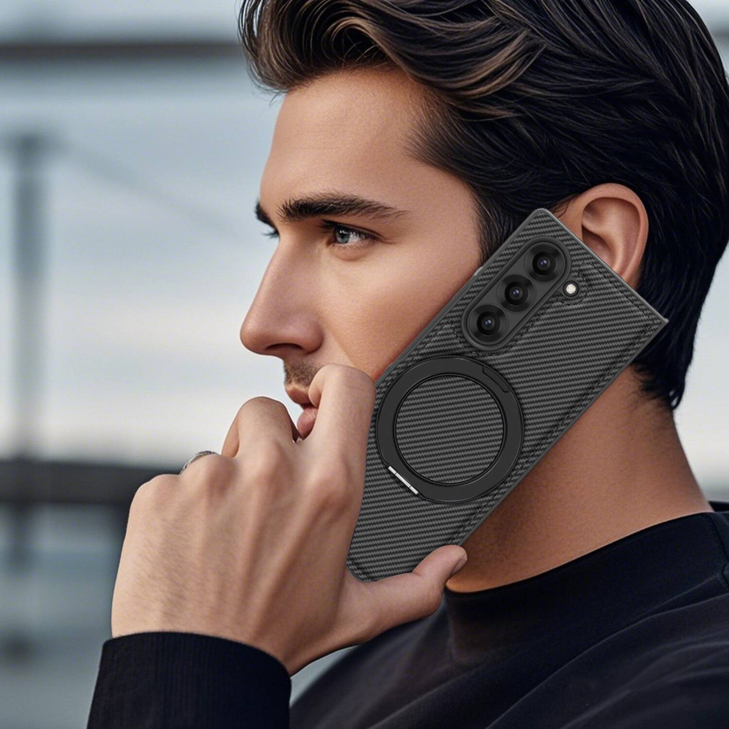 Alt View 4. Dteck - Magnetic Case for Samsung Galaxy Z Fold6,Shockproof Hard PC Back Cover,Rugged Phone Cover with Rotatable Metal Kickstand - Black.