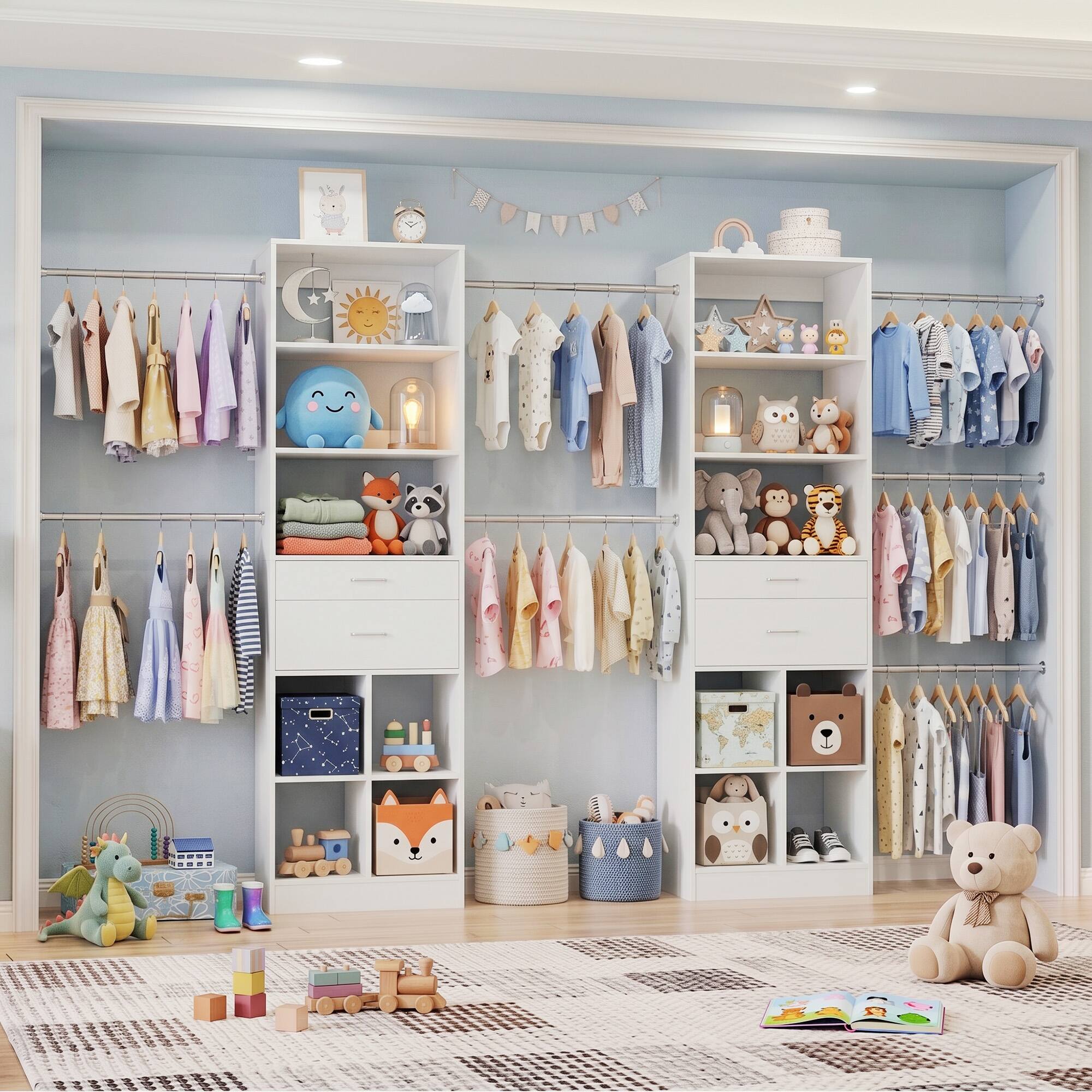 Alt View 1. Aheaplus - Small Closet System, 3.2-6.8FT Adjustable Closet Organizer with 2 Drawers & 5 Hanging Rods - White.