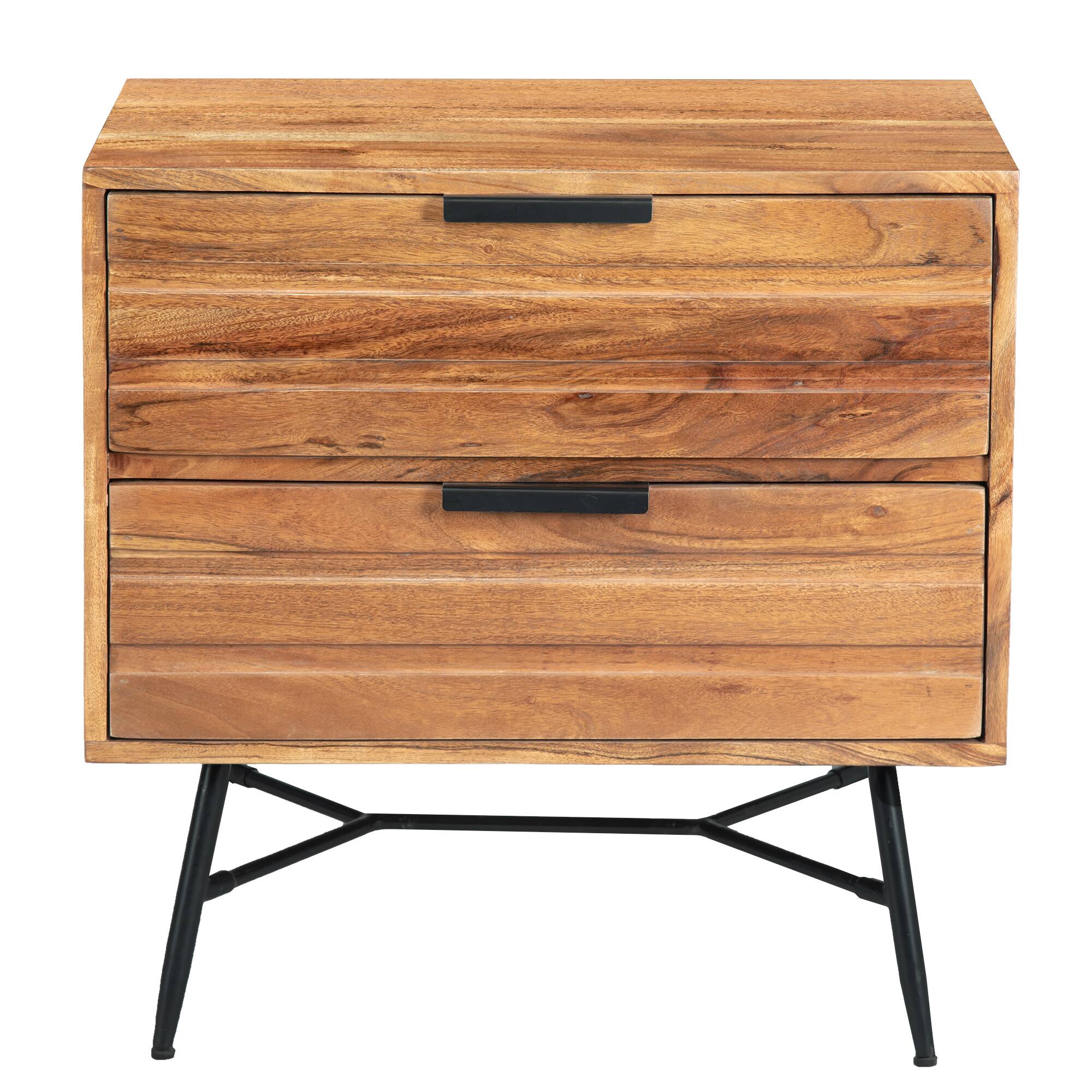 Angle. Manhattan Lane - 2 Drawer Wooden Nightstand with Metal Angled Legs - Brown and Black.