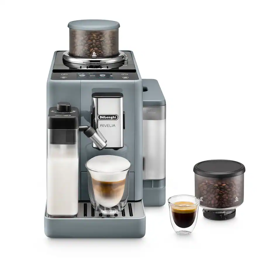 De'Longhi Rivelia Fully Automatic Espresso Machine, Integrated Grinder, Removable Bean Hoppers, Automatic Milk Frother Pebble Gray