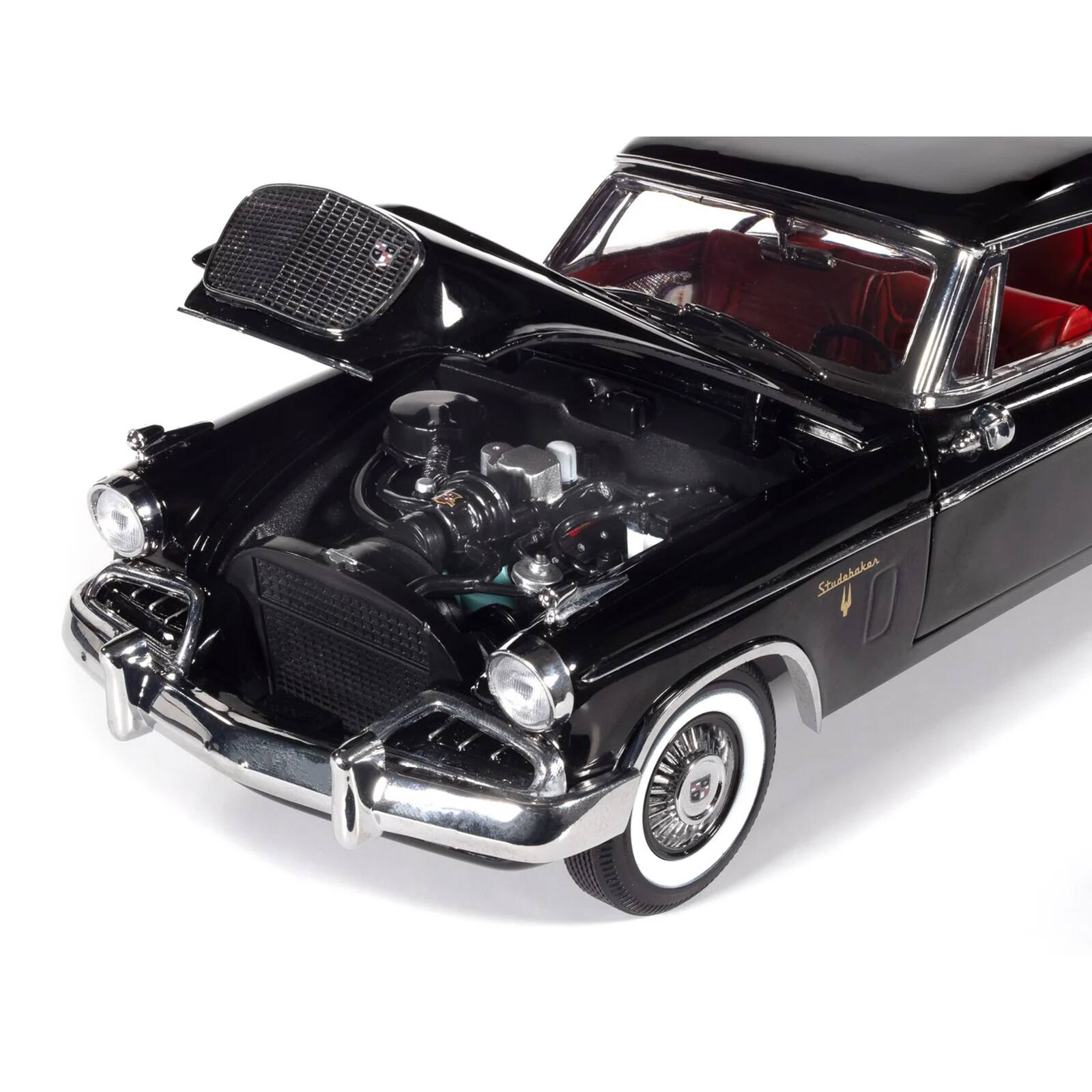 Alt View 2. Autoworld - 1957 Studebaker Golden Hawk Midnight Black with Red Interior 1/18 Diecast Model by Auto World.