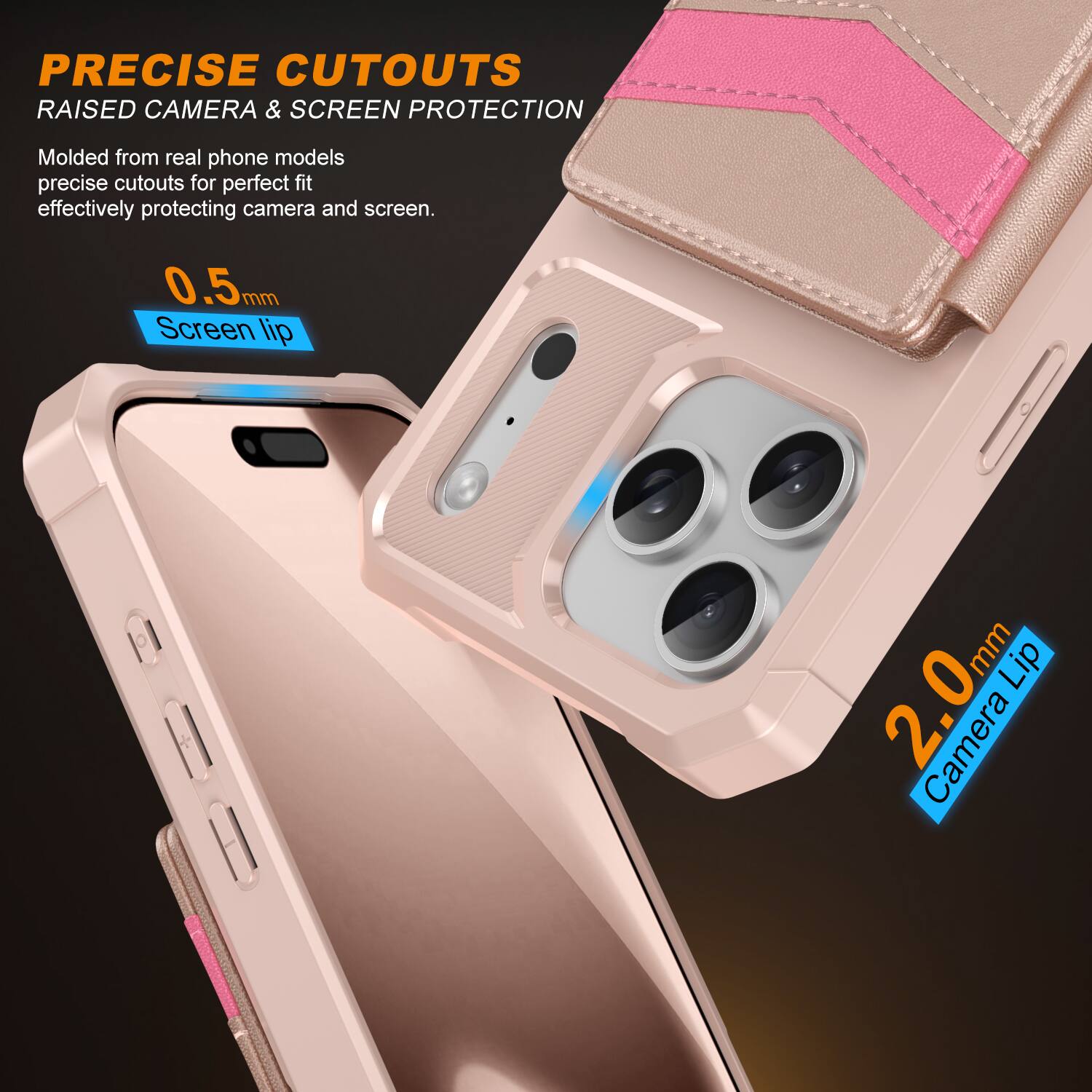 PRECISE CUTOUTS  
RAISED CAMERA & SCREEN PROTECTION  

Molded from real phone models, precise cutouts for perfect fit, effectively protecting camera and screen.  

0.5mm Screen Lip  
2.0mm Camera Lip