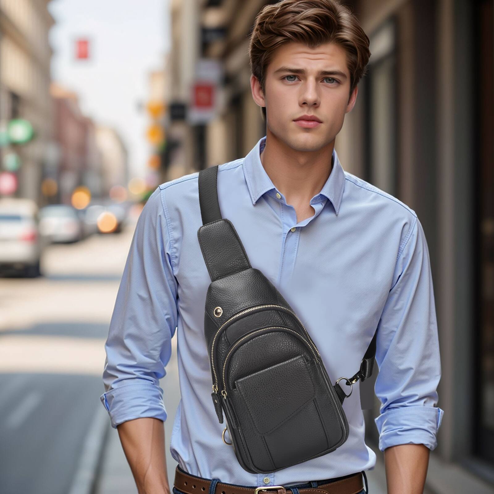 Alt View 1. Unique Bargains - Full-Grain Leather Sling Bag for Men Women Vintage Multi-Pocket Crossbody Bag with Concealed Carry Compartment - Black.