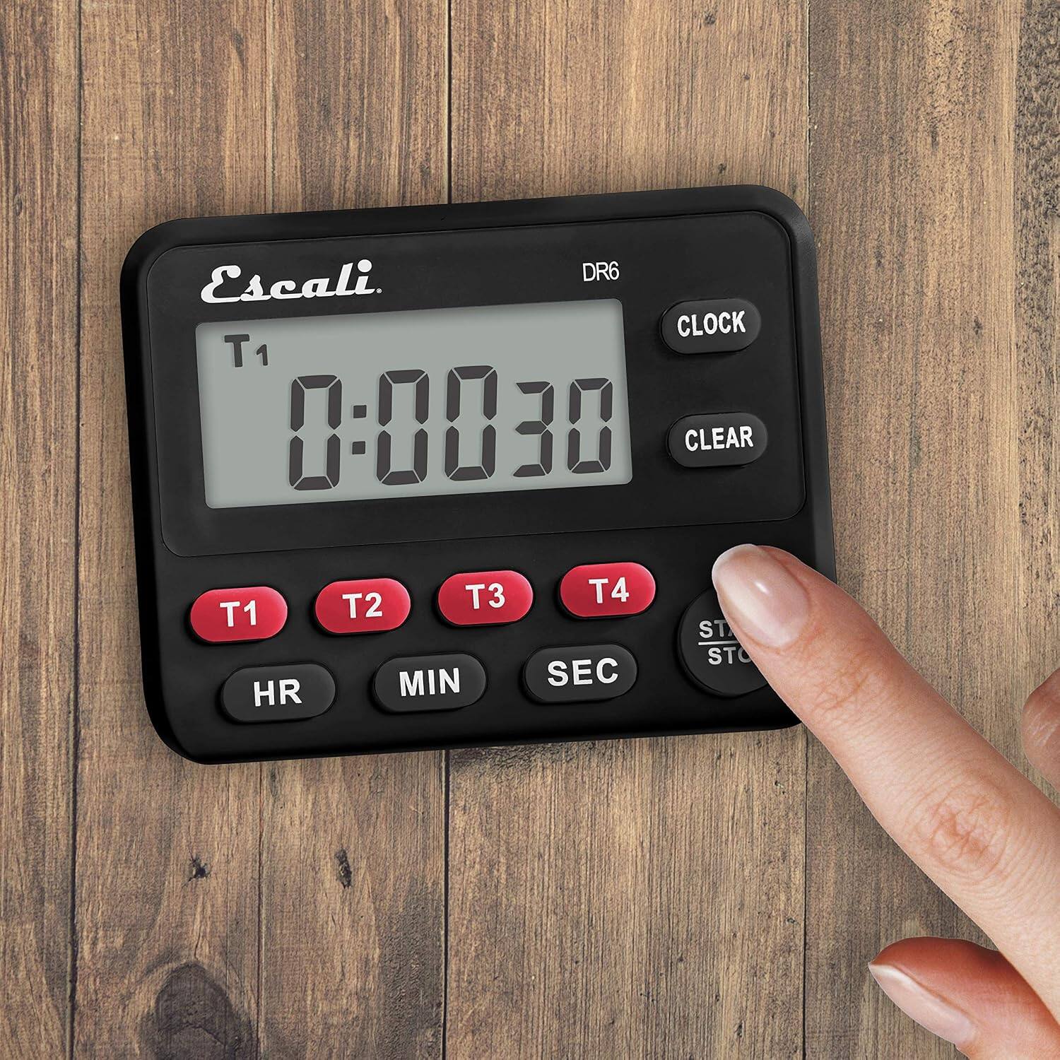 Escali DR6 CLOCK T1 0:0030 CLEAR T2 T3 T4 T1 STA STO MIN SEC HR