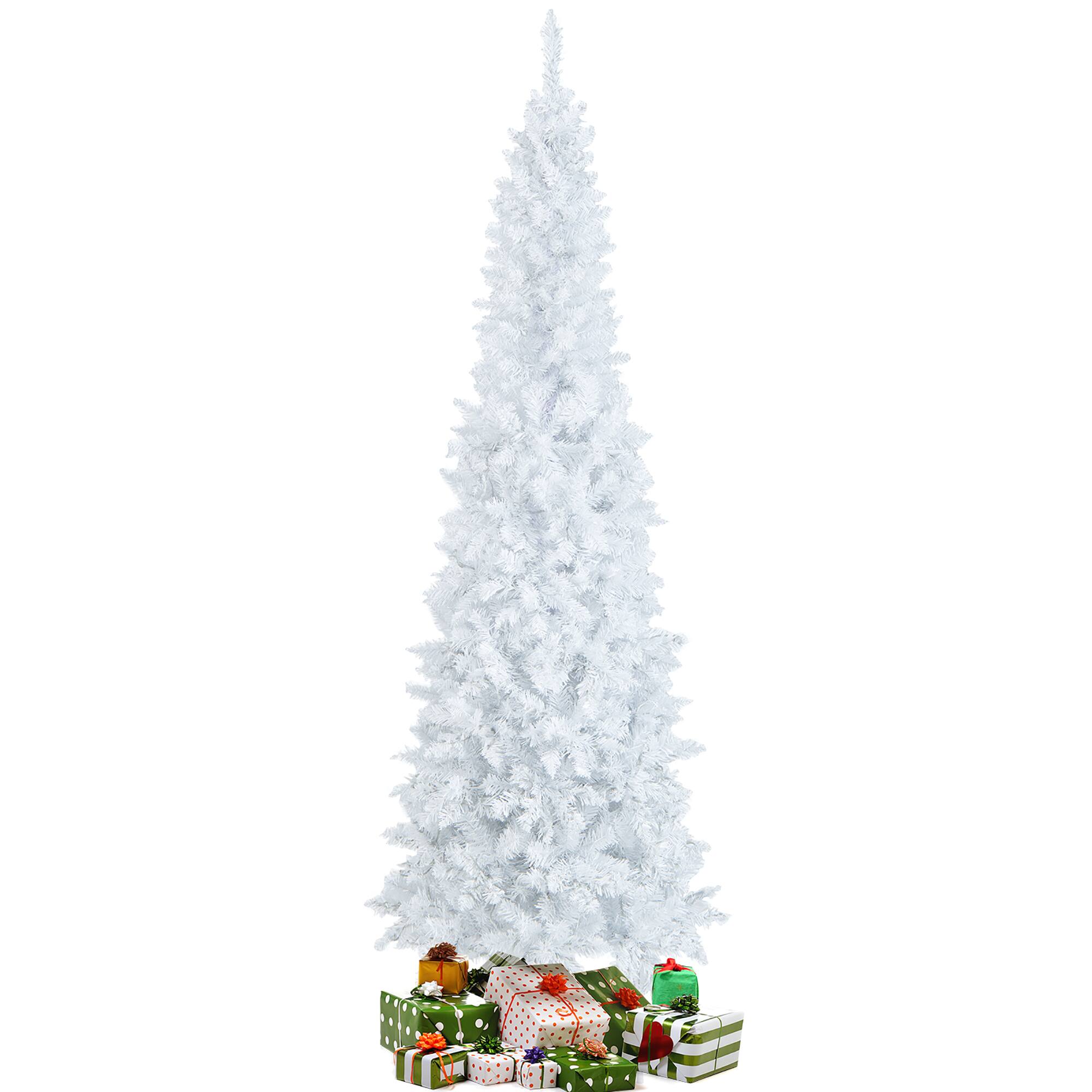 Alt View 2. Costway - 7FT Pre-Lit Hinged Pencil Christmas Tree with 300 LED Lights & 8 Flash Modes - White.
