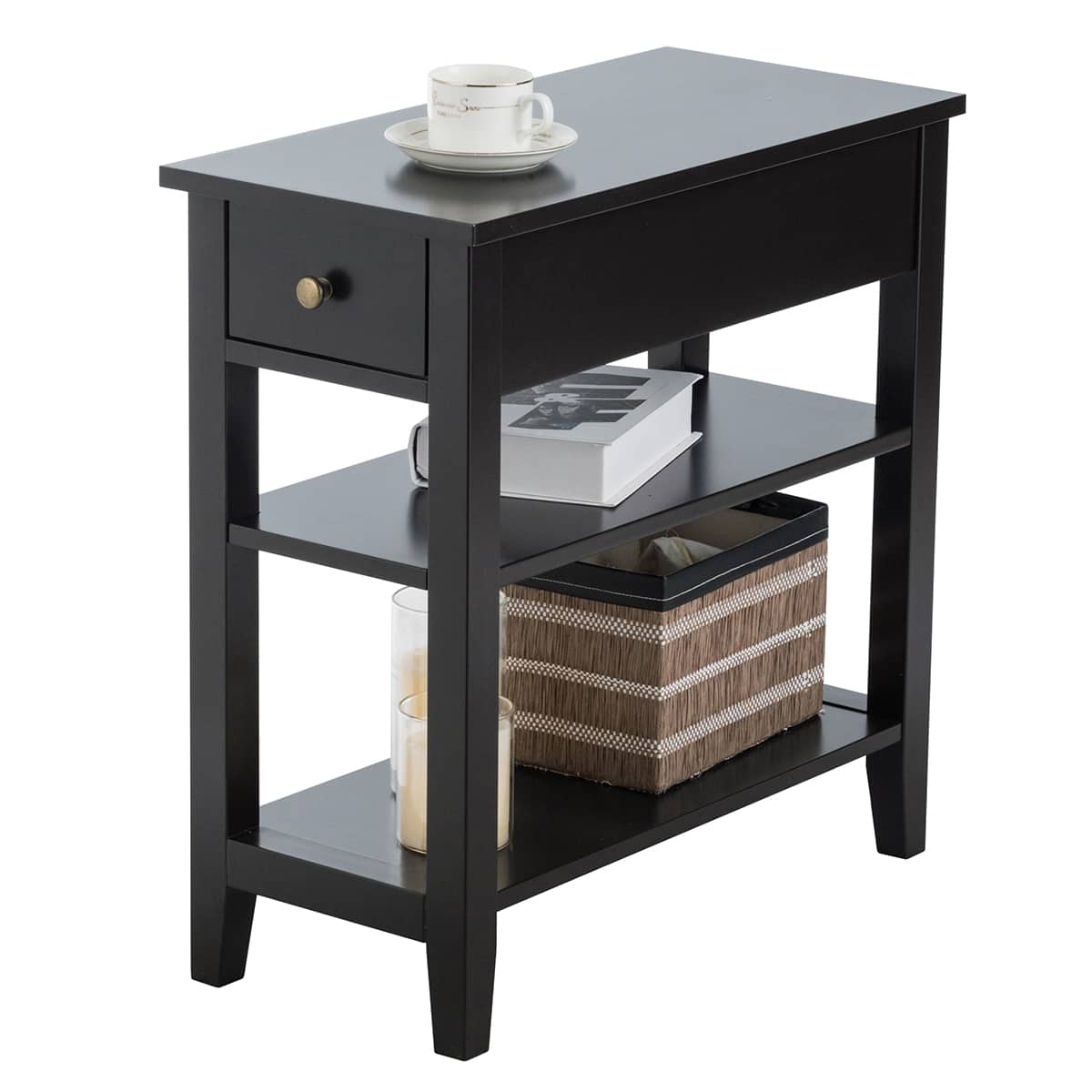 Front. Costway - Costway 3Tier Nightstand Bedside Table Sofa Side End Table w/Double Shelves Drawer - Black.