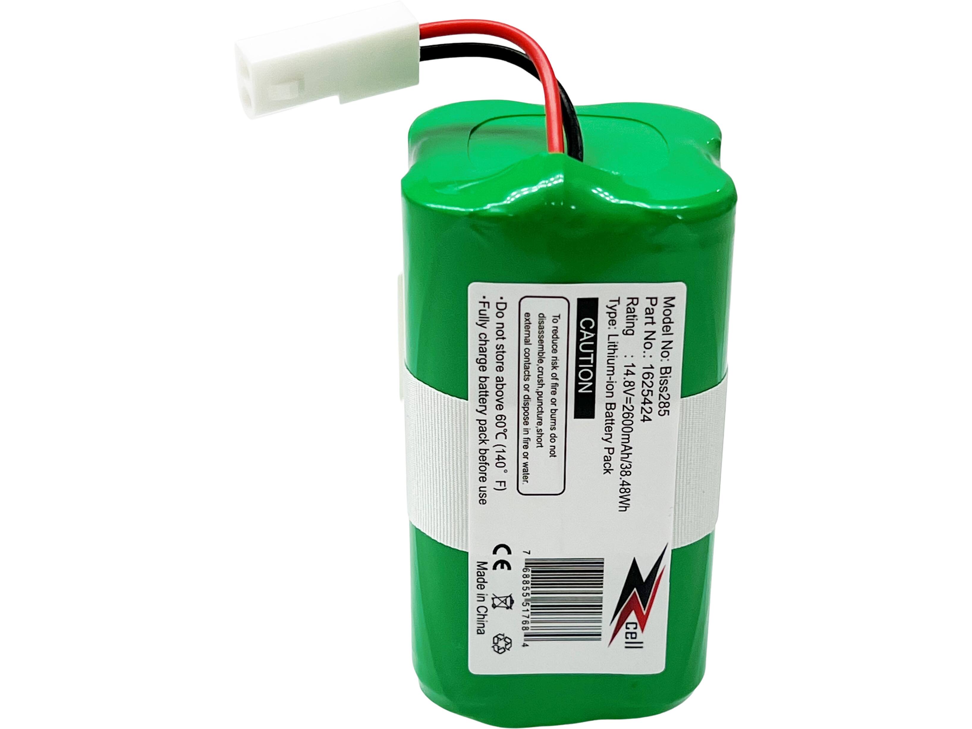 - Fully charge battery pack before use. Do not charge above 60C (140 F).
- Do not store battery above 60C (140 F).
- Do not disassemble or puncture.
- Do not expose to fire or crush.
- Do not short or water.
- Made in China.
- CE

Type: Lithium-ion
Rating: 14.8V=2600mAh/38.48Wh
Part No.: 1625424
Model No.: Biss285

CAUTION: To reduce risk of fire or burns, do not disassemble or puncture. Do not expose to fire or crush. Do not short or water.

Made in China