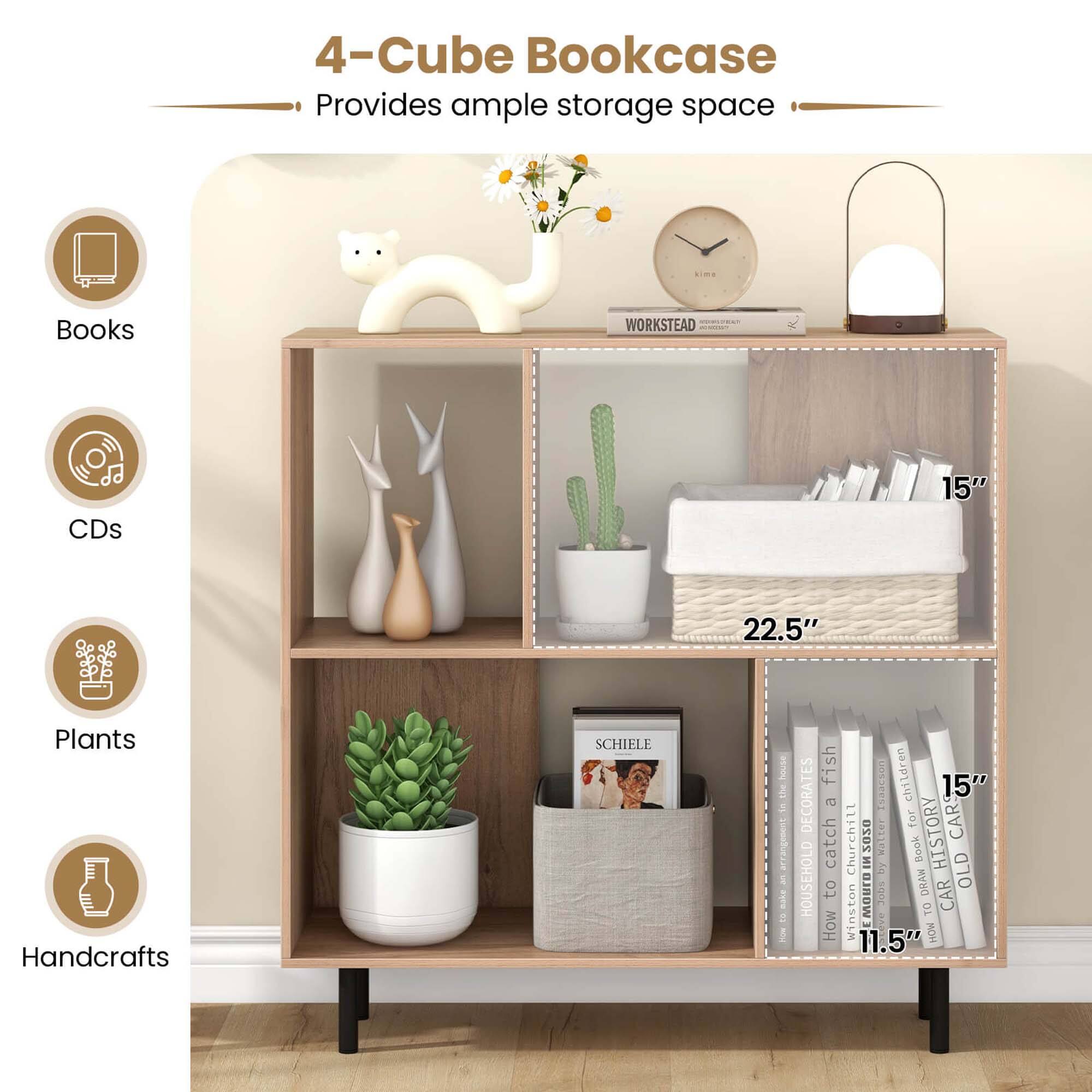 The 4-Cube Bookcase provides ample storage space for books, CDs, plants, and handcrafts. It measures 15" x 22.5" and is designed to decorate a room for children. The bookcase also features a clock and a vase, adding to its functionality and aesthetic appeal. The bookcase is made by Schiele, a company known for its high-quality products. The bookcase is a great addition to any home, offering both storage and decorative value.