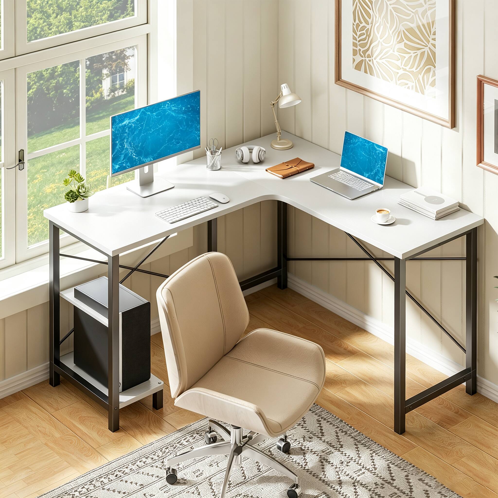 Alt View 3. Bestier - 49in L Shaped Desk, Computer Desk Corner Desks Gaming Desk PC Table for Home Office Workstation - White.