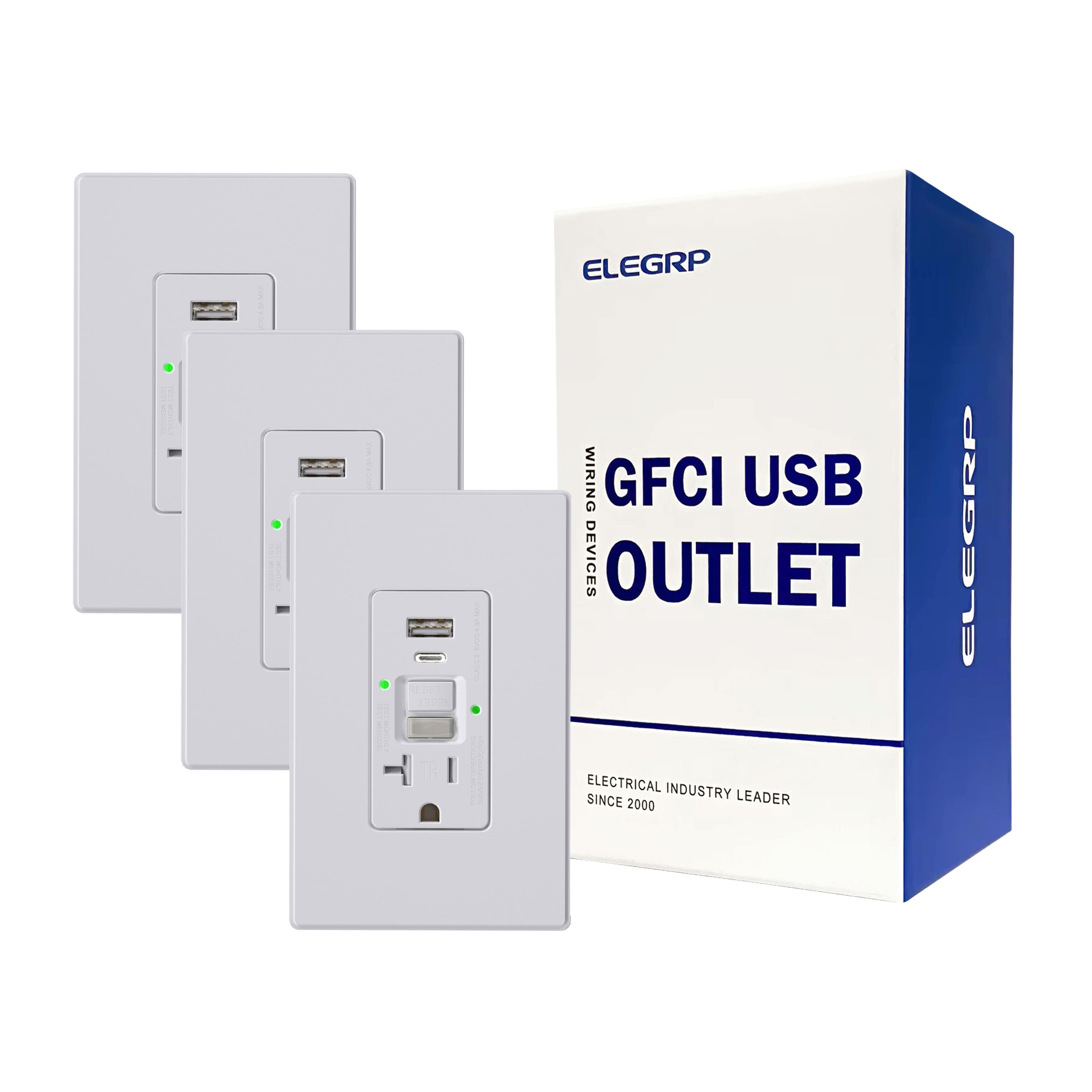 ELEGRP - 20A GFCI Outlet & 24W USB Receptacle(A+C Ports)w/Night Light and Wall Plate, TR, UL & CUL Listed, 3 pack - White
