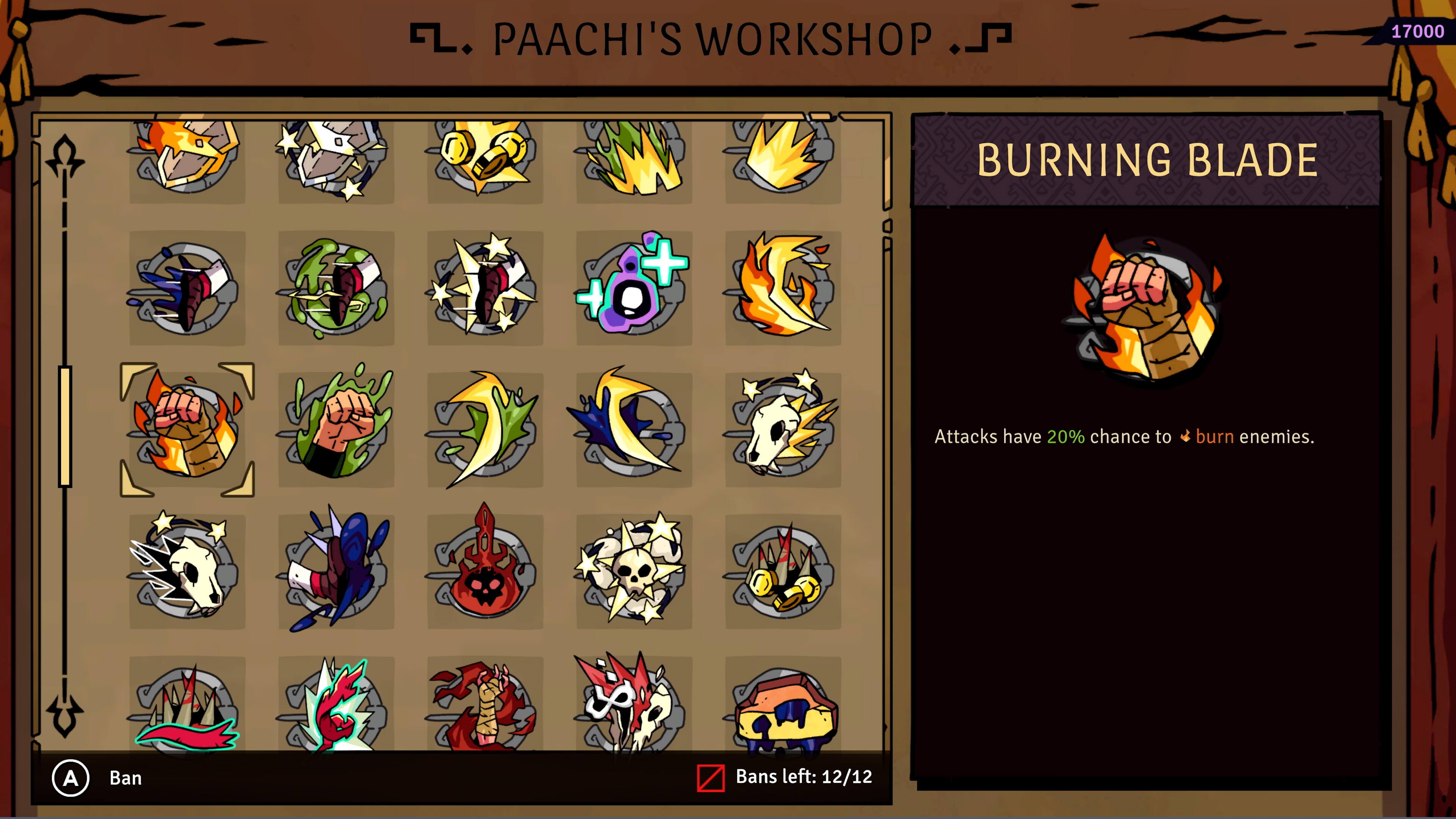 **PAACHI'S WORKSHOP**

**BURNING BLADE**

Attacks have 20% chance to burn enemies.

Bans left: 12/12