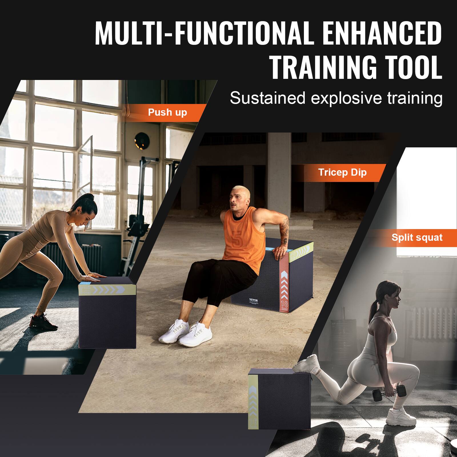 The text on the image is:

"MULTI-FUNCTIONAL ENHANCED TRAINING TOOL
Sustained explosive training
Push up
Tricep Dip
Split squat"