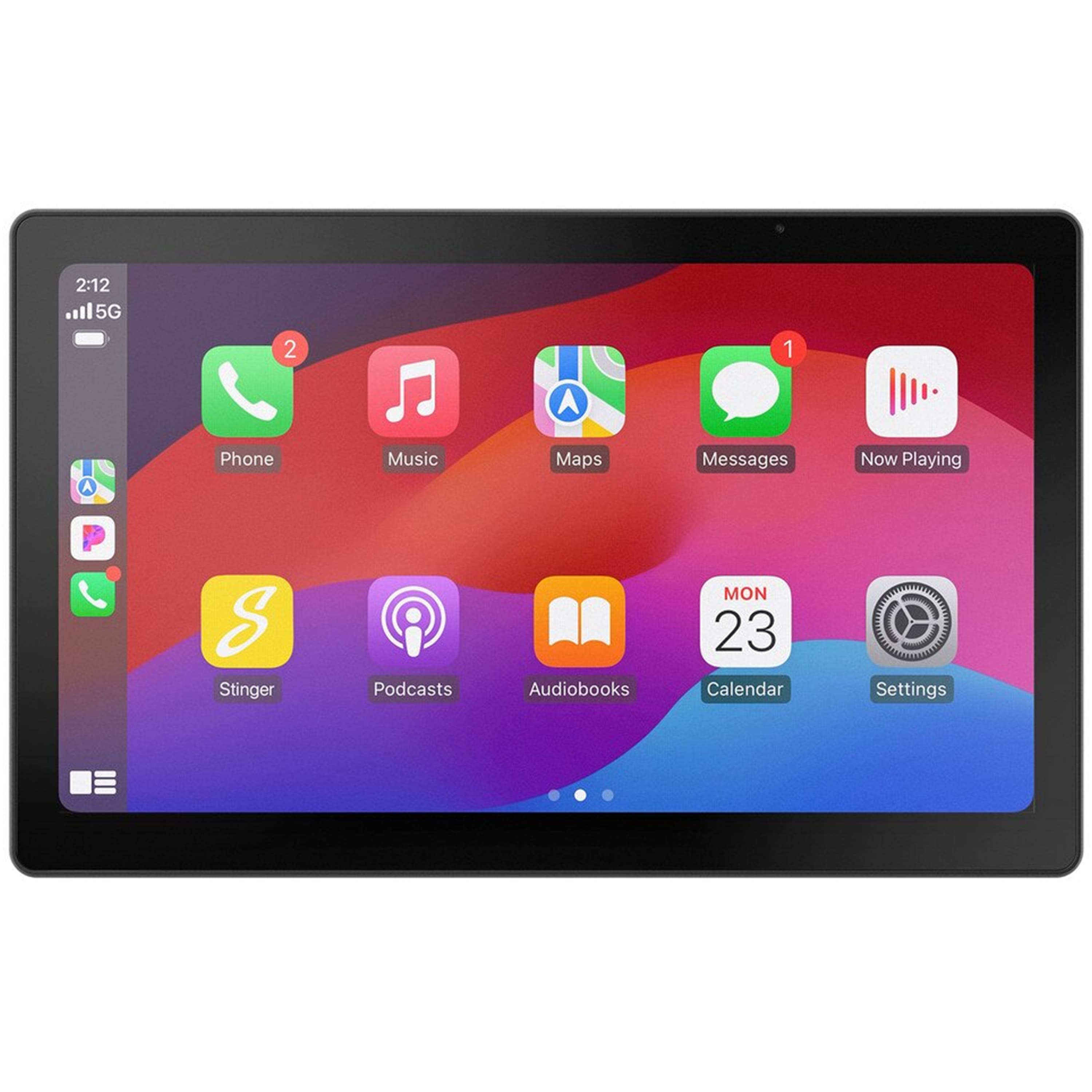 The text on the image can be grouped and corrected as follows:
1. Home Screen:
- Phone
- Music
- Maps
- Messages
- Now Playing
- Stinger Podcasts
- Audiobooks
- Calendar
- Settings
This grouping and correction organize the various icons on the home screen of a device, making it easier to understand and navigate the available options.