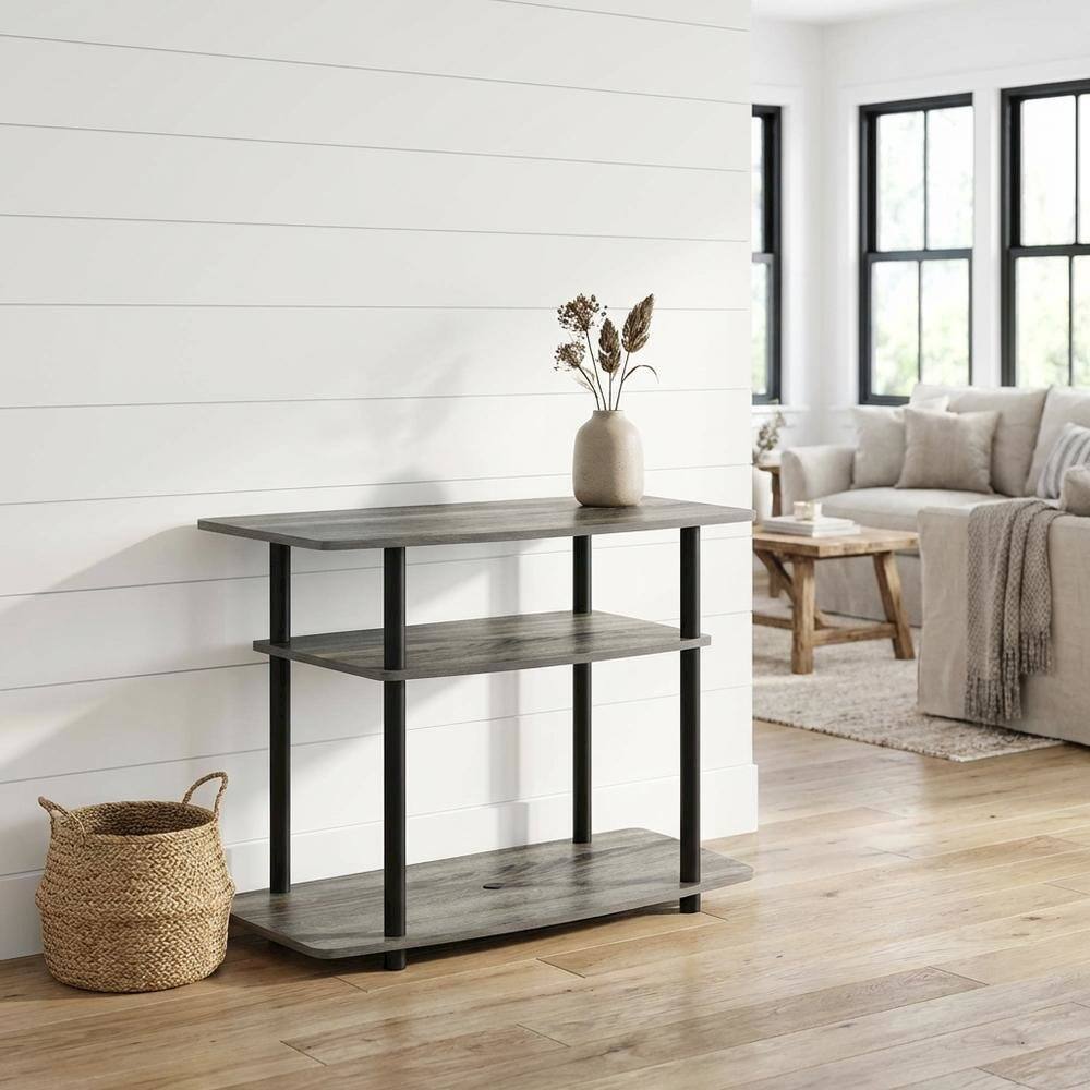 Alt View 1. FurniFact - Wooden TV stand with French Oak Grey and Black finish, 3-Tier, No Tools Assembly - Gray Black.