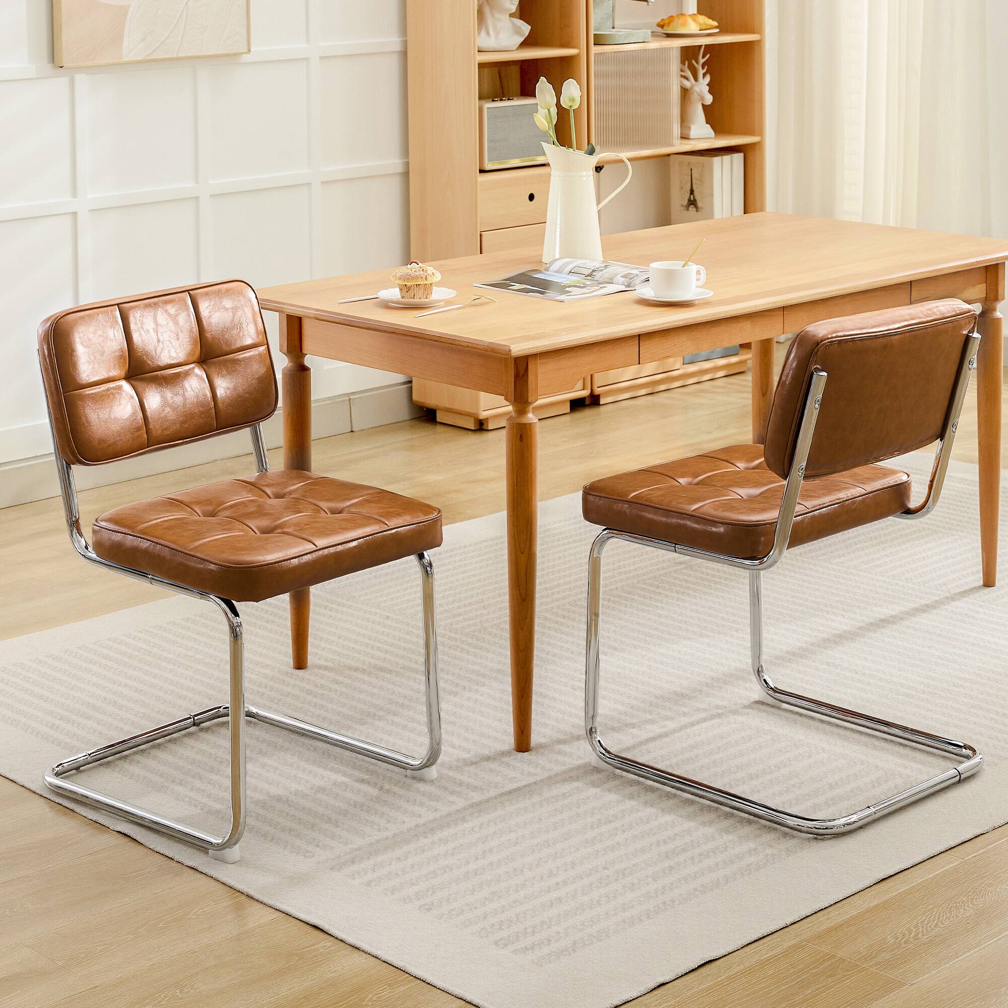 Front. KERDOM - Armless Mid-Century Style Dining Chairs Set of 2, Strudy PU Leather Side Chairs for Kitchen Restaurant, 200lbs Load - Brown.