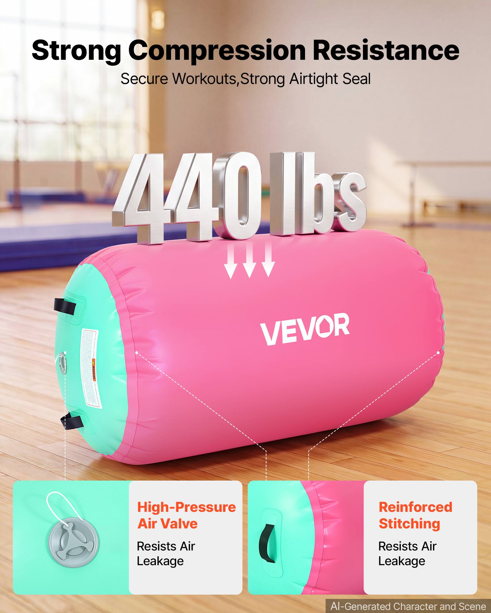 Strong Compression Resistance  
Secure Workouts, Strong Airtight Seal  
440 lbs  
VEVOR High-Pressure Air Valve Resists Air Leakage  
Reinforced Stitching Resists Air Leakage  
AI-Generated Character and Scene