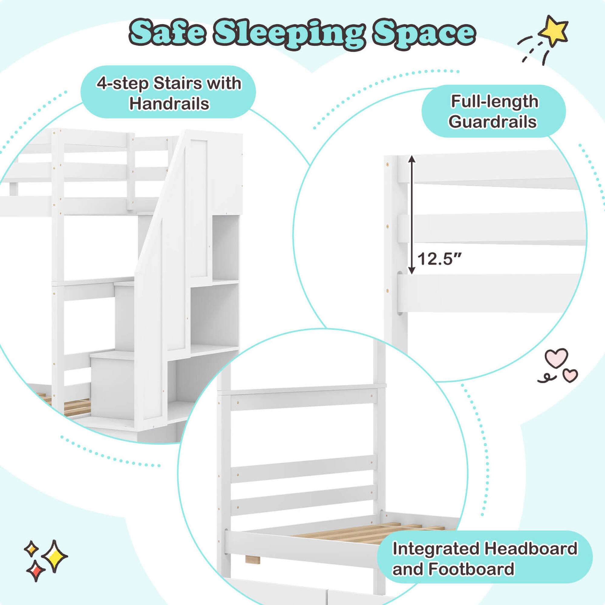 The image is about a safe sleeping space that includes a 4-step staircase with handrails for added safety. The staircase is accompanied by full-length guardrails to prevent falls and ensure a secure environment. The sleeping space also features an integrated headboard and footboard, providing a comfortable and functional design.