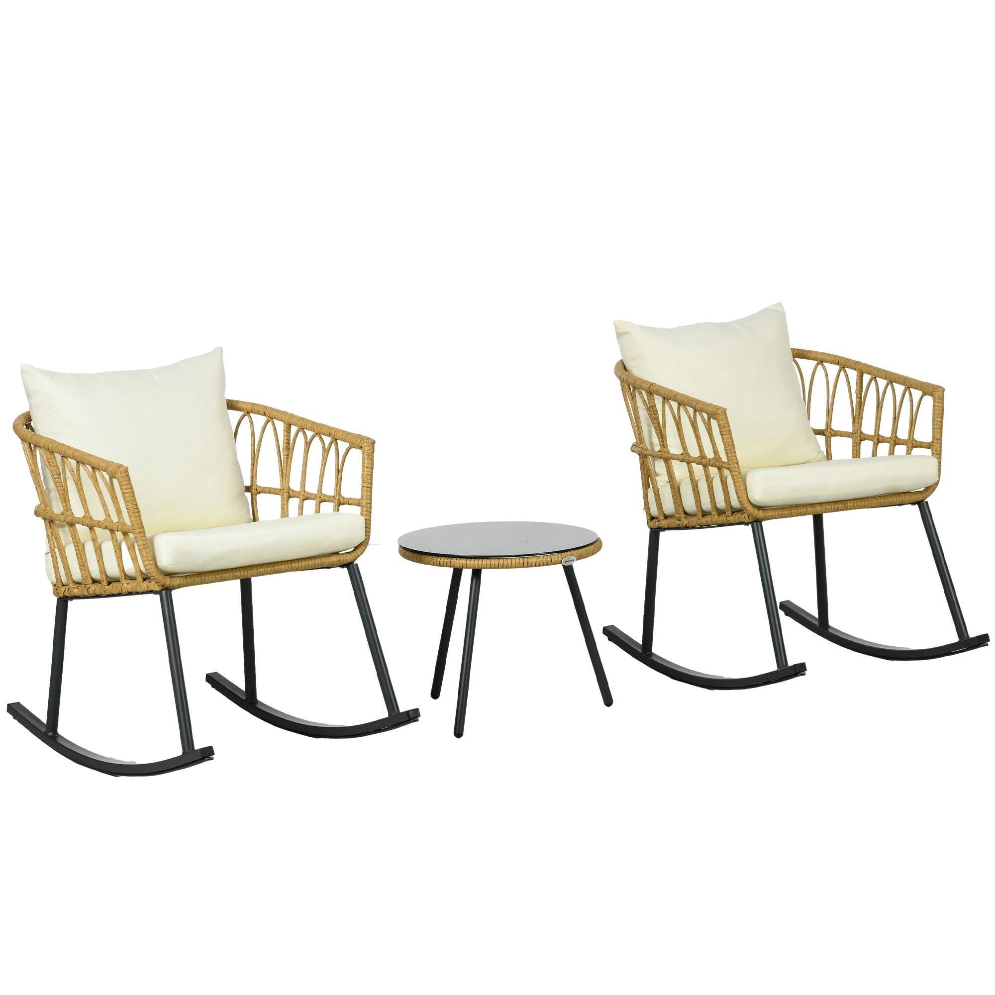 Alt View 8. Resenkos - Resenkos Wicker Bistro Set, 3-Pc Outdoor Rocking Chairs, Glass Coffee Table, Patio Conversation Set, Cream White - Cream White.