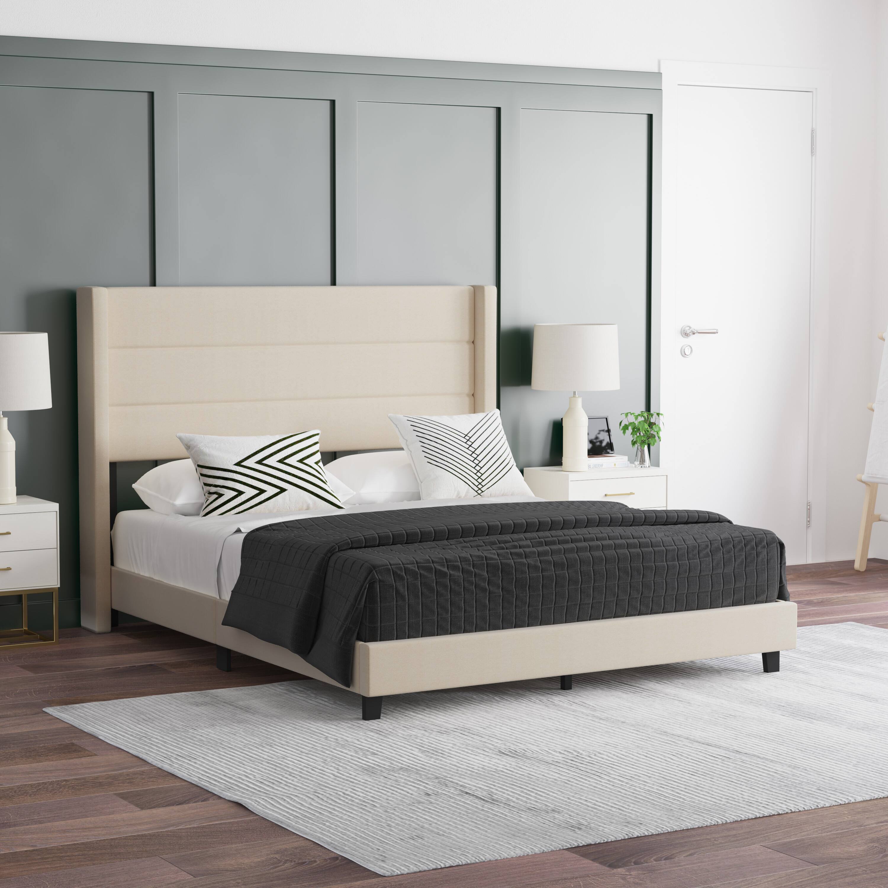 Front. Emma + Oliver - Upholstered Platform Bed with Wingback Headboard - Beige.