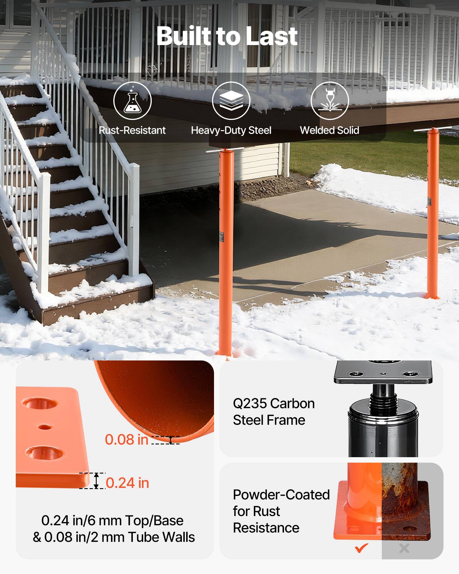 Built to Last

- Rust-Resistant
- Heavy-Duty Steel
- Welded Solid

Q235 Carbon Steel Frame

0.24 in/6 mm Top/Base & 0.08 in/2 mm Tube Walls

Powder-Coated for Rust Resistance