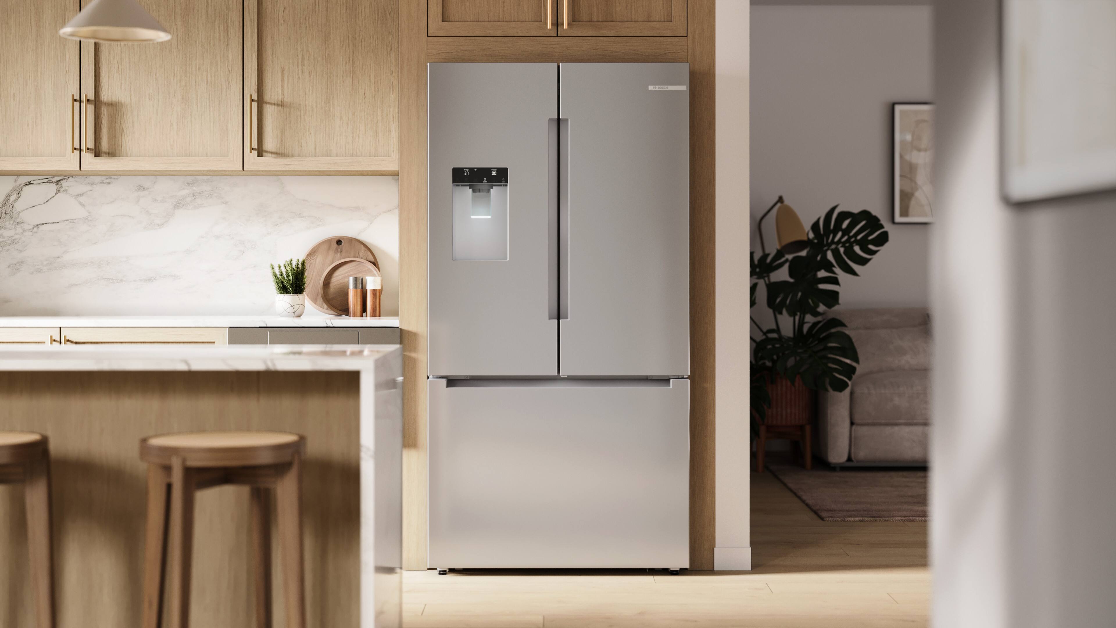 Alt View 14. Bosch - 100 Series 21.6 Cu. Ft. Bottom-Freezer French Door Counter-Depth Smart Refrigerator with External Water and Ice - Stainless Steel.