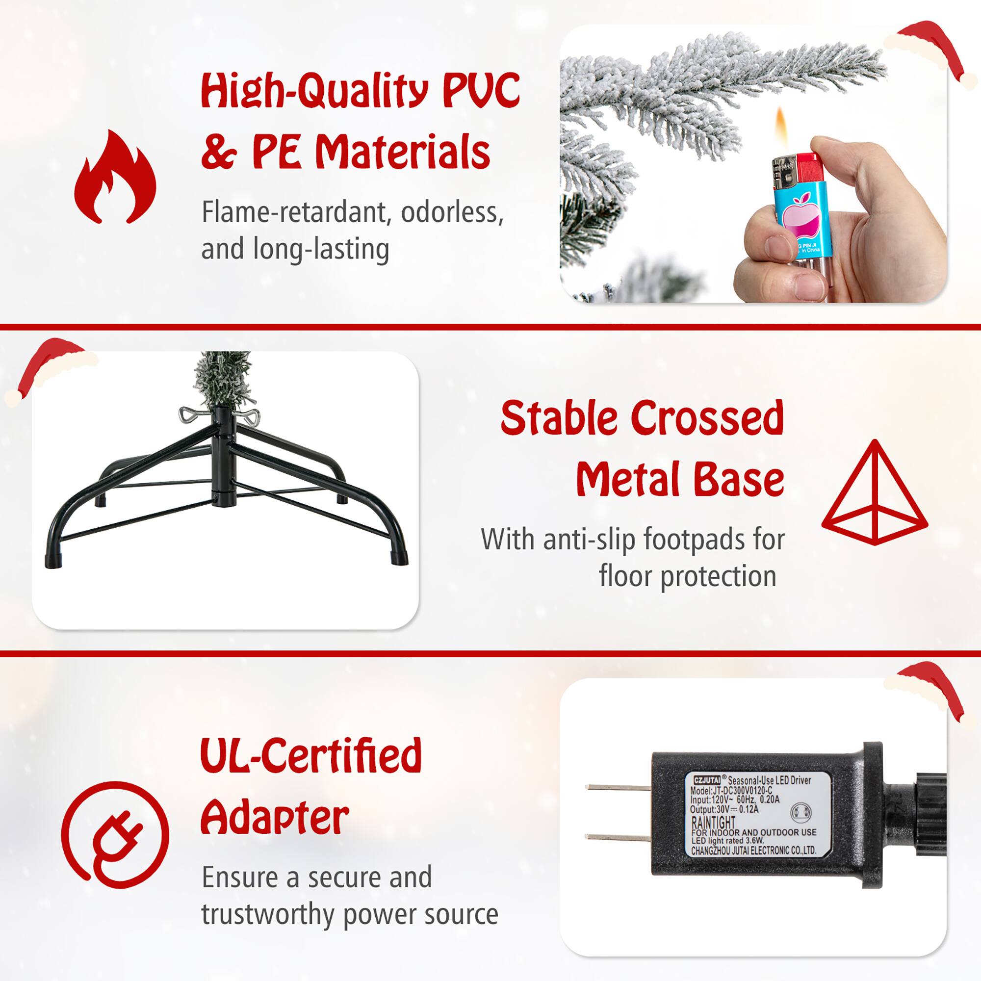 High-Quality PUC & PE Materials  
Flame-retardant, odorless, and long-lasting  

Stable Crossed Metal Base  
With anti-slip footpads for floor protection  

UL-Certified Adapter  
Ensure a secure and trustworthy power source  

Model: J-Seasonal-Use LED Driver  
Input: 100-240V~50/60Hz 0.1A  
Output: 12V 0.1A  
IP65  
RAINTIGHT  
FOR INDOOR AND OUTDOOR USE  
CHANGZHOU JIUTAI ELECTRONIC CO., LTD.