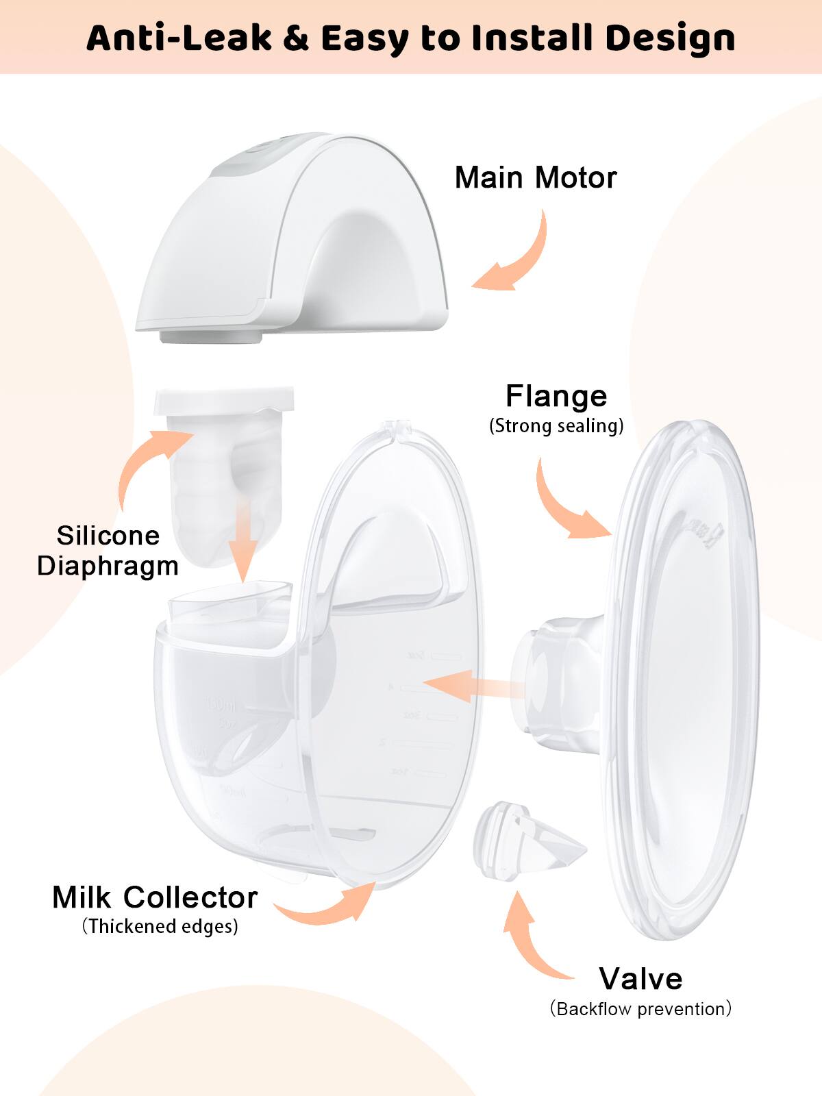 Anti-Leak & Easy to Install Design

- Main Motor
- Flange (Strong sealing)
- Silicone Diaphragm
- Milk Collector (Thickened edges)
- Valve (Backflow prevention)