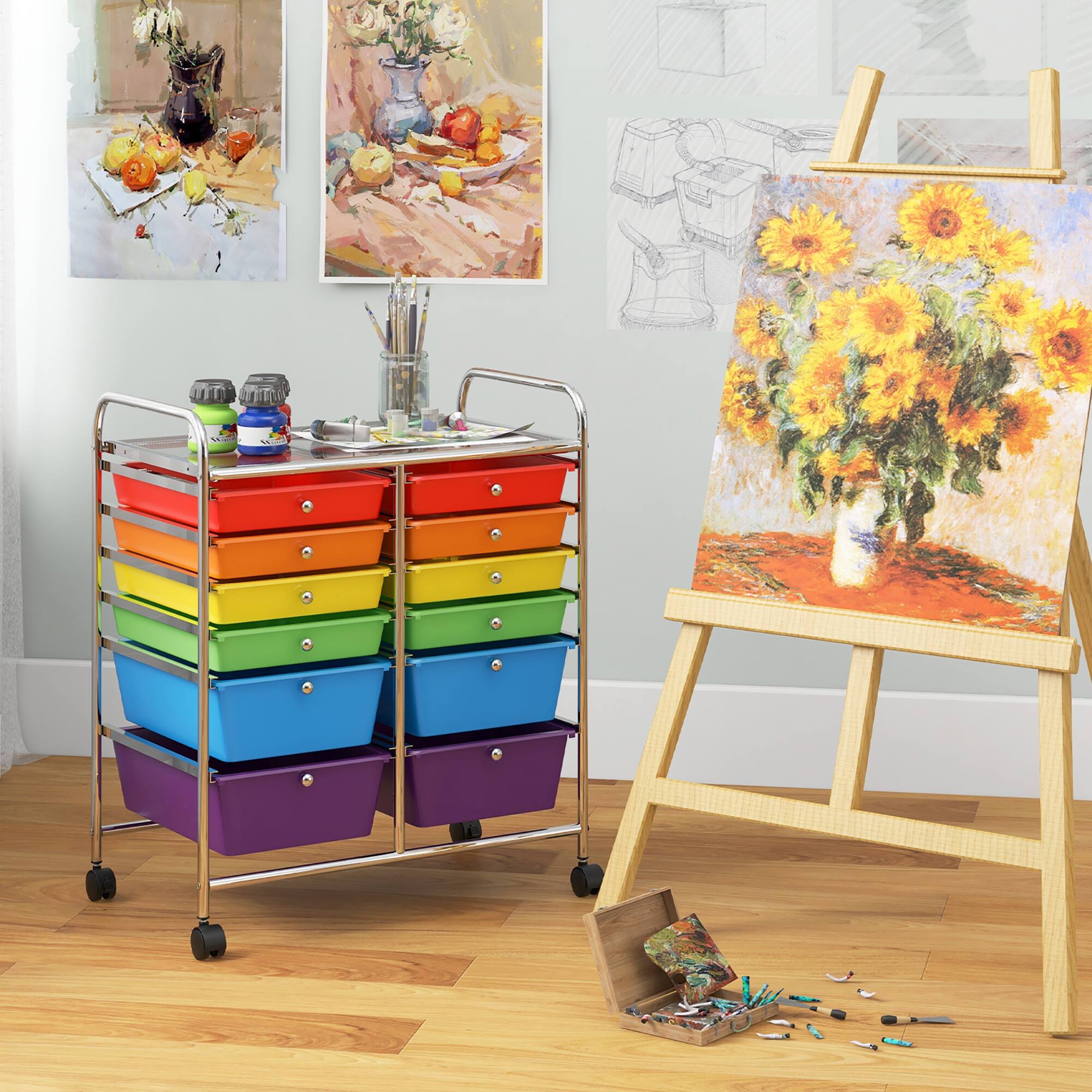 Alt View 1. Gymax - Gymax Office Rolling Cart 12 Storage Drawer Studio Organizer Bins Scrapbook Paper Multicolor - Multicolor.