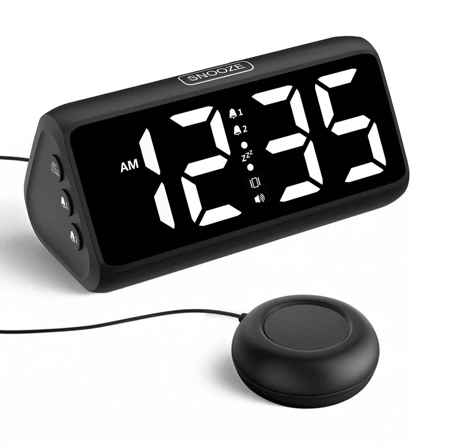 FINEAK - Loud Alarm Clock for Heavy Sleepers, Plug-in Alarm Clocks with Bed Shaker - Black and White