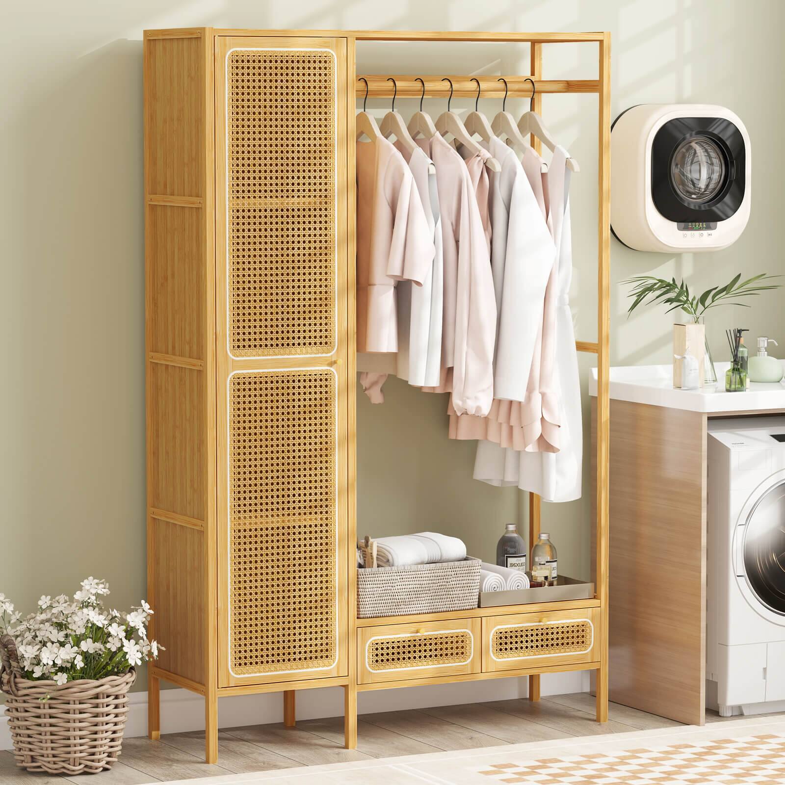 Alt View 5. Costway - Costway Bamboo Clothing Rack with Cabinet Hanging Rod Storage Shelf & Drawers for Foyer - Natural.