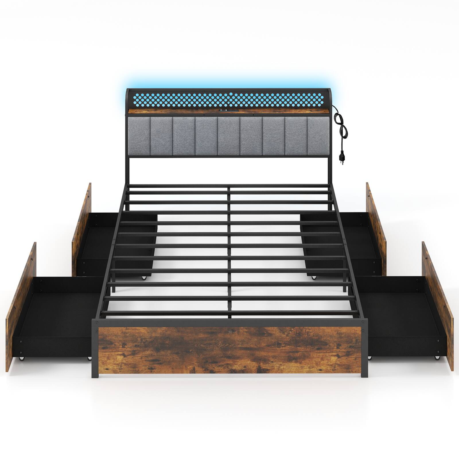 Alt View 1. Gymax - Gymax LED Bed Frame Queen Size w/ Charging Station Upholstered Headboard 4 Drawers - Rustic Brown, Black.