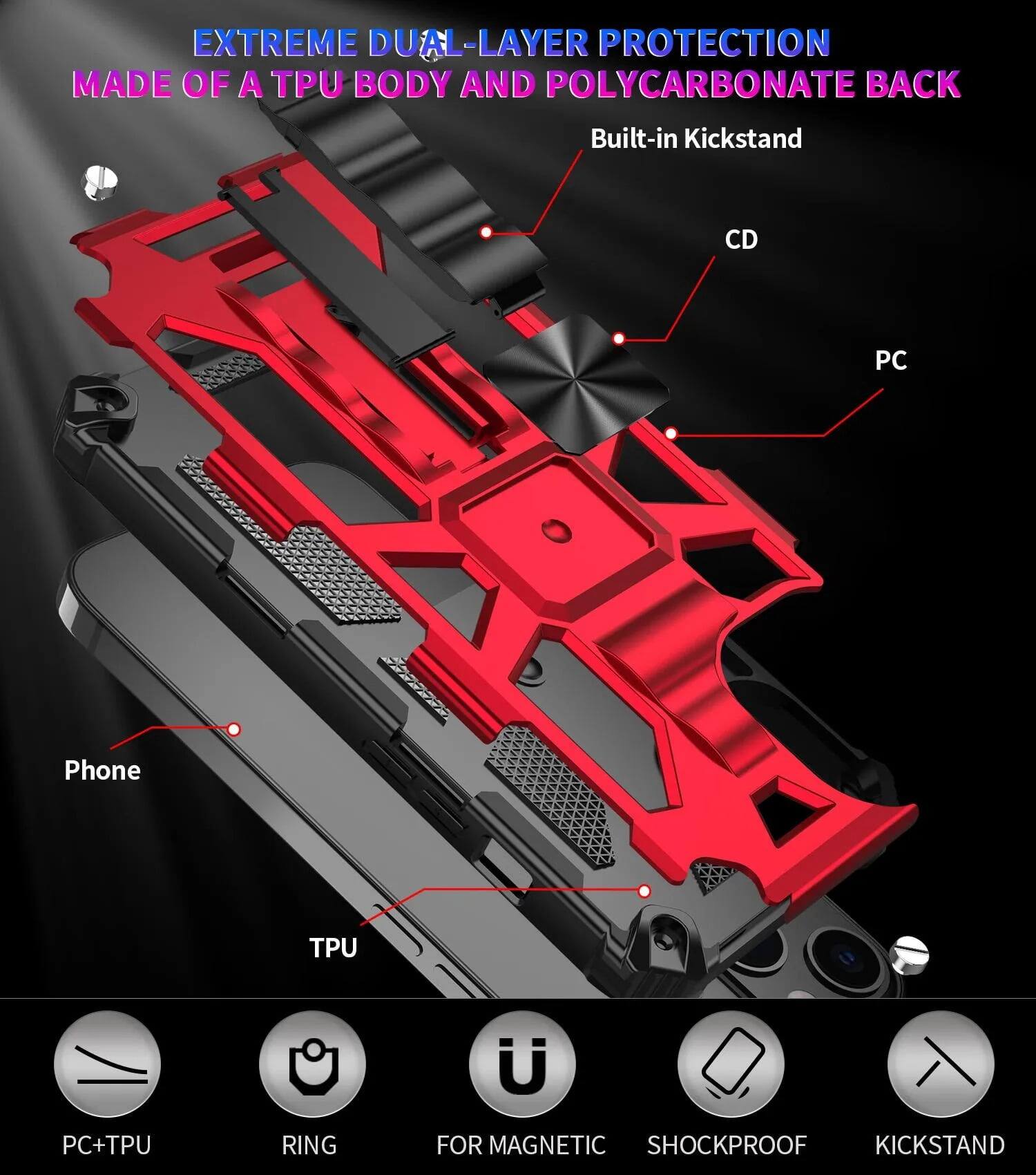 EXTREME DUAL-LAYER PROTECTION MADE OF A TPU BODY AND POLYCARBONATE BACK

Built-in Kickstand

- Phone
- TPU
- PC
- CD

PC+TPU
RING
FOR MAGNETIC
SHOCKPROOF
KICKSTAND