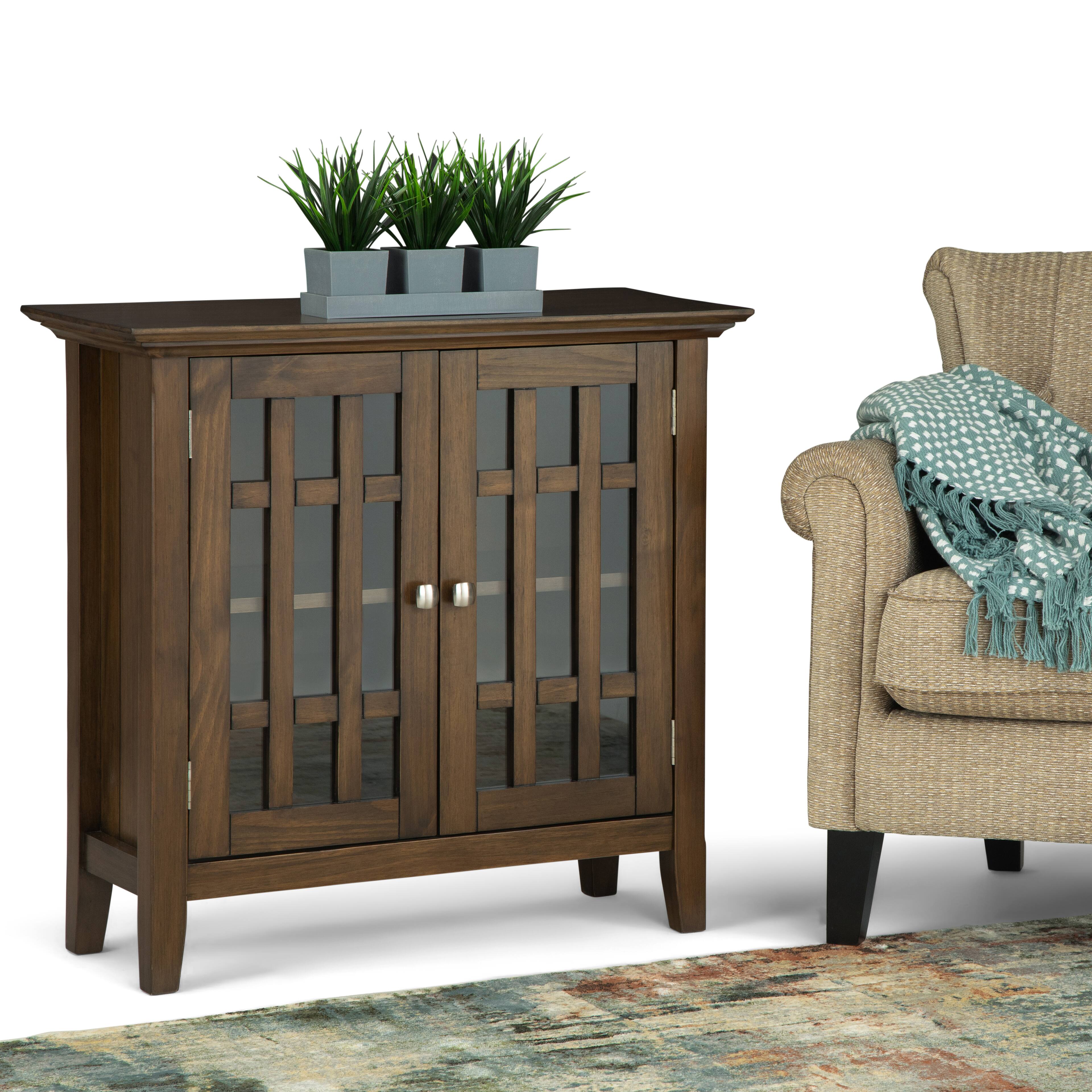 Left. Simpli Home - Bedford Solid Wood 32 inch Wide Transitional Low Storage Media Cabinet - Rustic Natural Aged Brown.