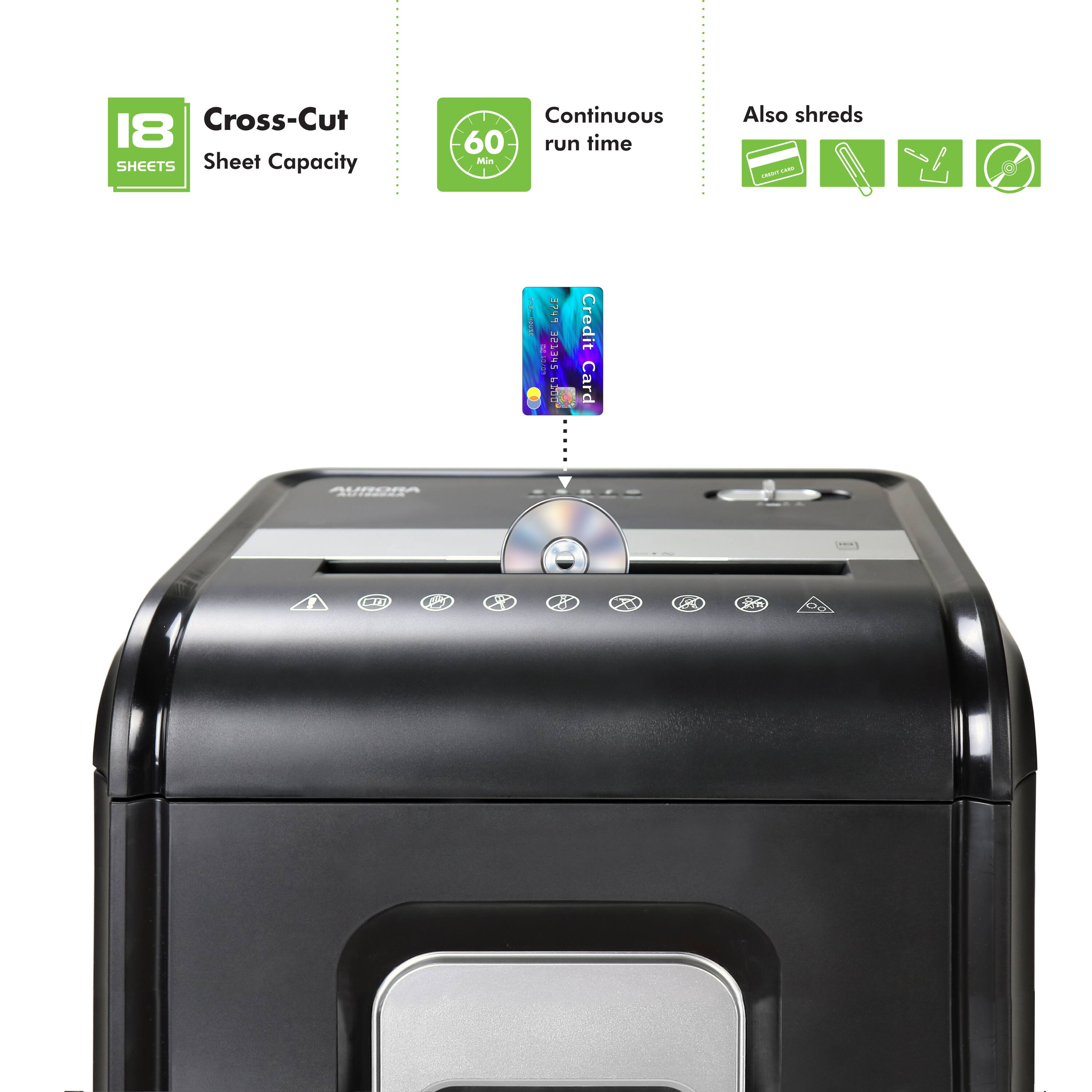 18 Cross-Cut SHEETS Sheet Capacity Continuous 60 run time Min 1 Also shreds - - | 3749 MA SNETE - i Credit Card