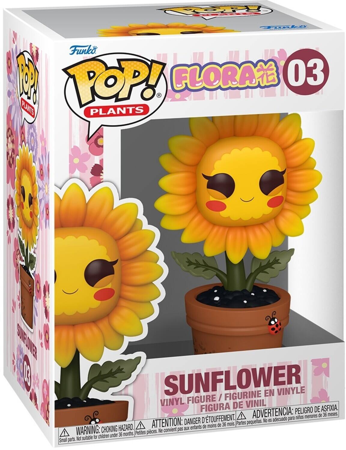 Sure, here is the corrected and grouped text from the image:

---

**Funko POP! PLANTS**

**FLORA**  
**03**

**SUNFLOWER**  
VINYL FIGURE / FIGURINE EN VINYLE / FIGURA DE VINIL

**WARNING: CHOKING HAZARD.**  
Small parts. Not suitable for children under 36 months.  
**ATTENTION: DANGER D'ÉTOUFFEMENT.**  
Petites pièces. Ne convient pas aux enfants de moins de 36 mois.  
**ADVERTENCIA: PELIGRO DE ASFIXIA.**  
Partes pequeñas. No es adecuado para niños menores de 36 meses.

---

This text is organized to reflect the information on the packaging, including the product name, character, and safety warnings.