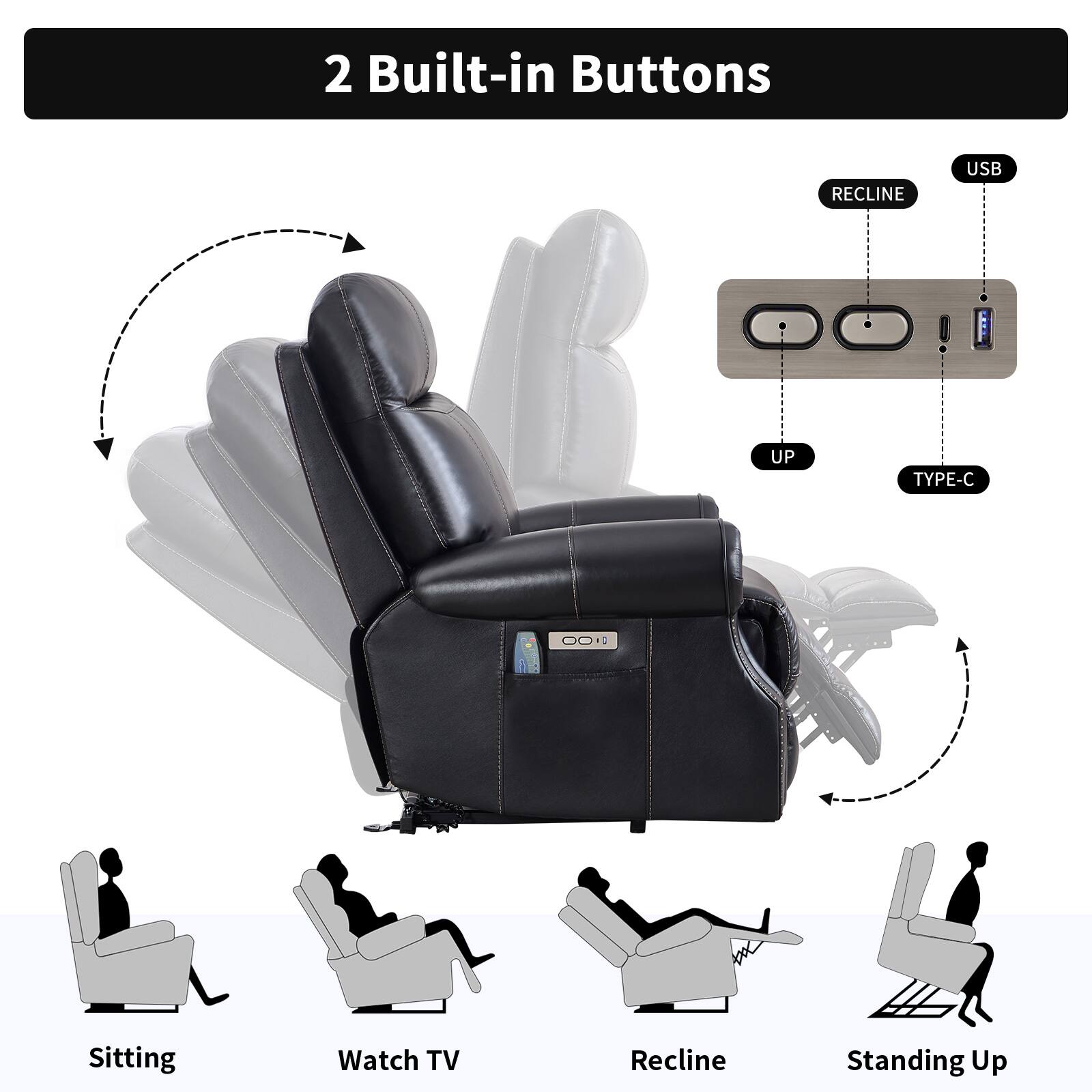 2 Built-in Buttons

- RECLINE
- USB
- UP
- TYPE-C

Sitting  
Watch TV  
Recline  
Standing Up