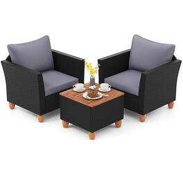 Gymax - Set of 3 Rattan Furniture Set Patio Cushioned Sofa Storage Table w/ Wood Top Gray - Black/Gray