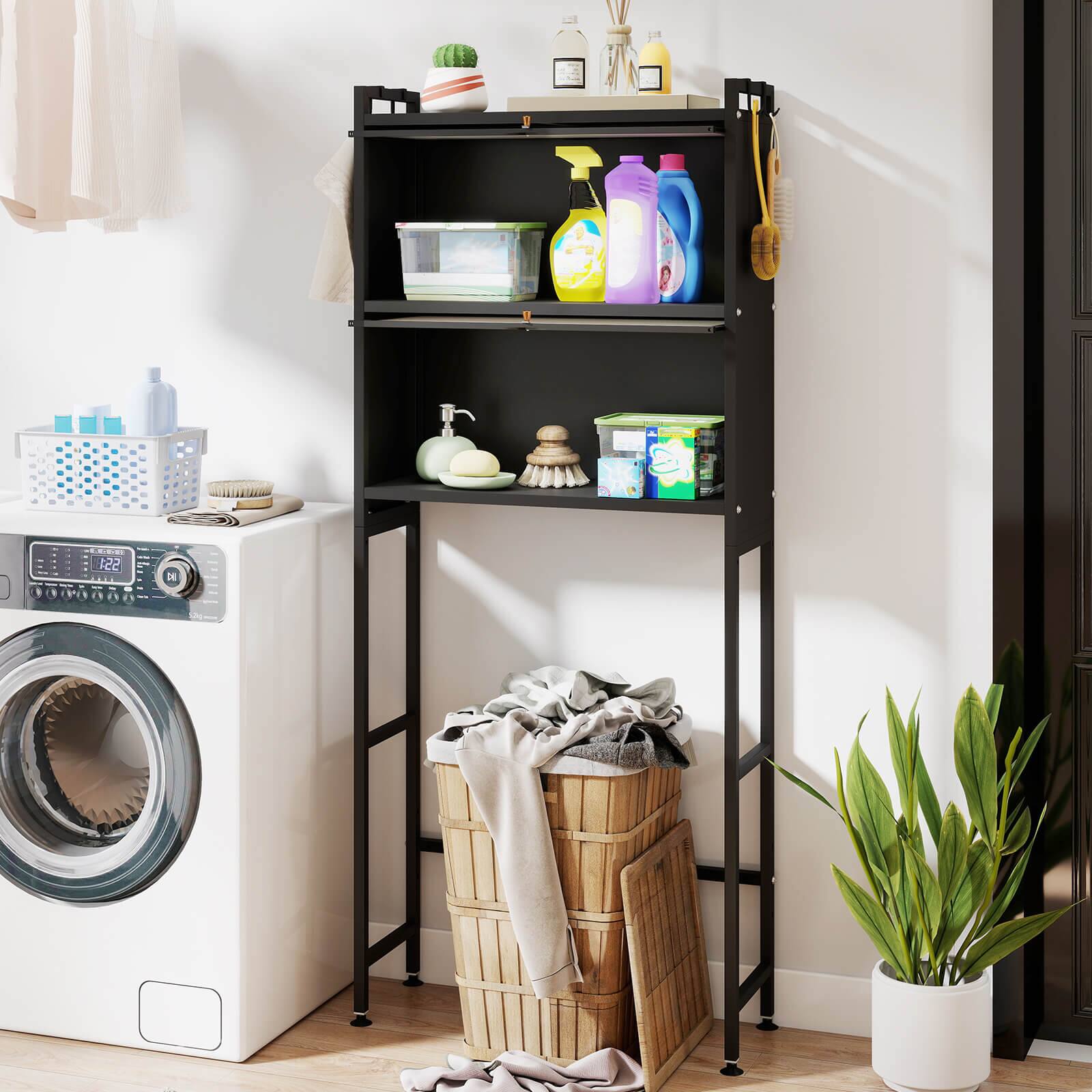 Alt View 3. Costway - Costway 66" Bathroom Organizer with 2 Flip-up Cabinets, See-through Fluted Doors, 4 Hooks - Black.