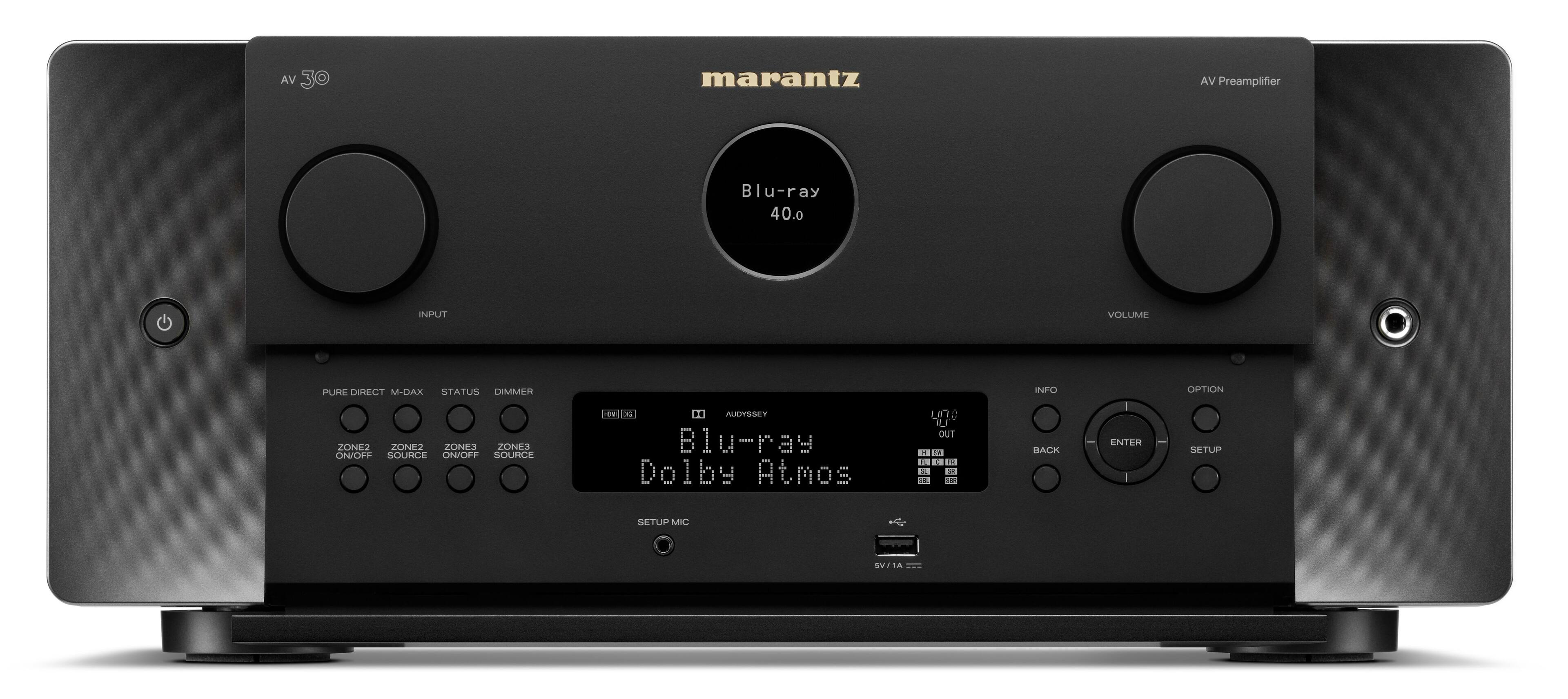 VA 30 marantz AV Preamplifier Blu-ray 40.0 INPUT VOLUME PURE DIRECT M-DAX STATUS DIMMER ZONE2 ZONE2 ZONE3 ON/OFF SOURCE ON/OFF SOURCE - 20 14 ALOVSSEY Blu-ray Dolby Atmos un A IU OUT . a .. C  3 5 - INFO BACK ENTER OPTION SETUP SETUP MIC  14