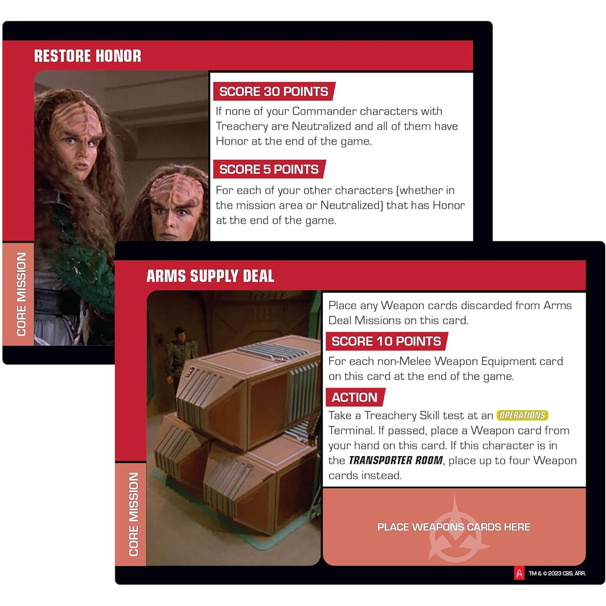 The text on the image can be grouped and corrected as follows:

1. Restore Honor: Score 30 points if none of your Commander characters with Treachery are Neutralized and all of them have Honor at the end of the game.
2. Score 5 points: Mission Core - For each of your other characters (whether in the mission area or Neutralized) that has Honor at the end of the game.
3. Arms Supply Deal: Place any Weapon cards discarded from Arms Deal Missions on this card.
4. Score 10 points: For each non-Melee Weapon Equipment card on this card at the end of the game.
5. Action: Take a Treachery Skill test at an OPERATIONS Terminal. If passed, place a Weapon card from your hand on this card. If this character is in the TRANSPORTER ROOM, place up to four Weapon cards instead.
6. Mission: Place Weapon Cards Here - Core.