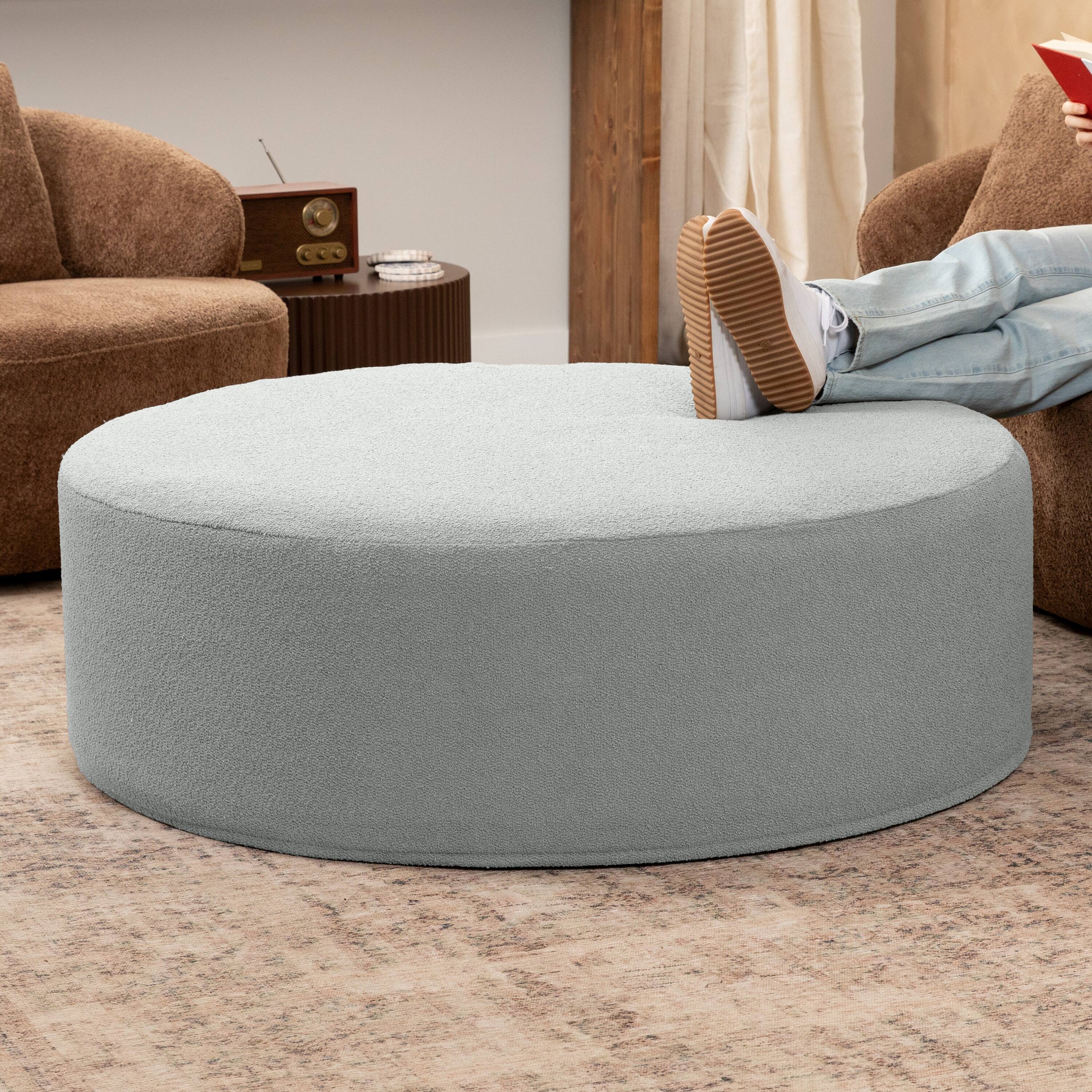 Angle. Jaxx - Jaxx Candler Round Couch Oversized Giant Coffee Table Ottoman 44”, Boucle Silver - Boucle Silver.