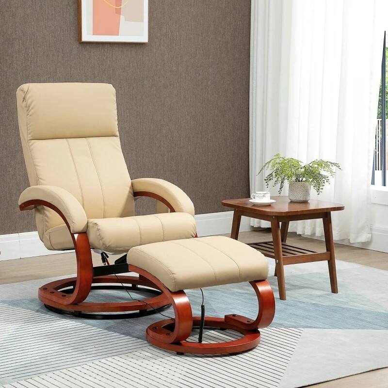 Back. Hivvago - Adjustable Faux Leather Electric Remote Massage Recliner Chair w/ Ottoman - Beige.