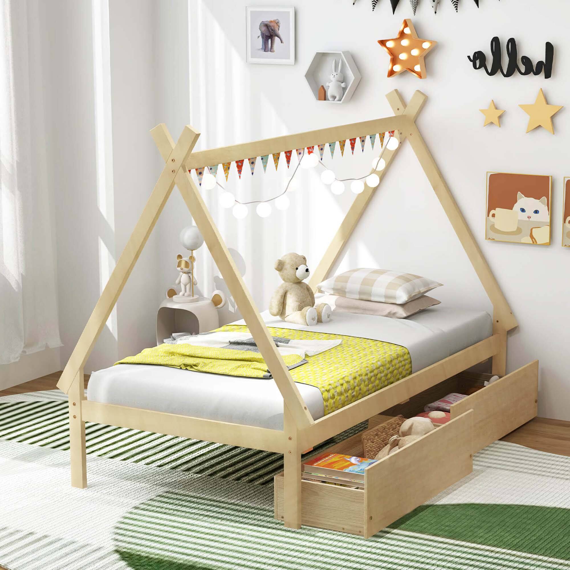 Back. Costway - Twin Size Wooden House Bed with 2 Drawers Roof Storage for Boys & Girls - Natural.